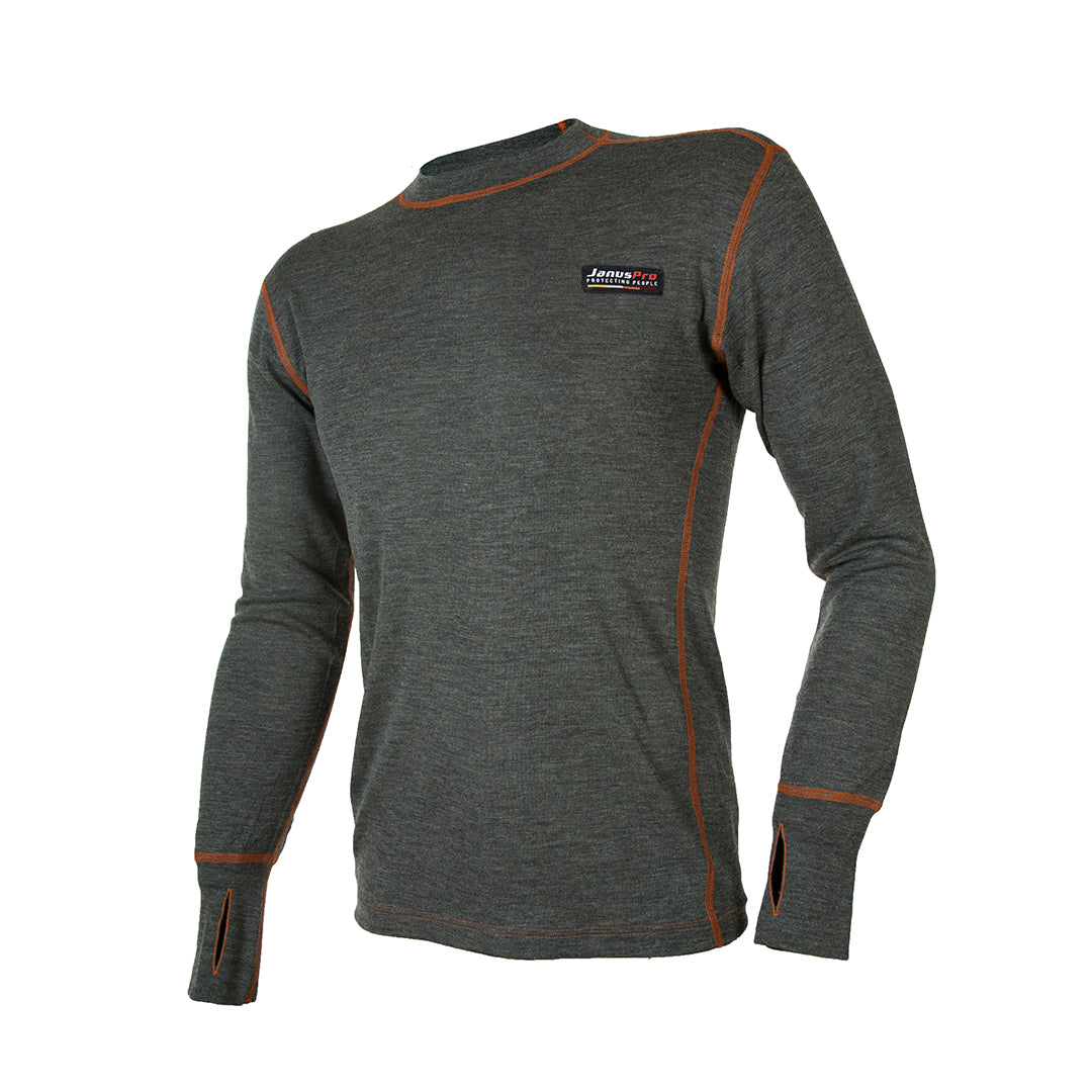 JanusPro trøye med rund hals i flammehemmende ull til herre, gråmelert