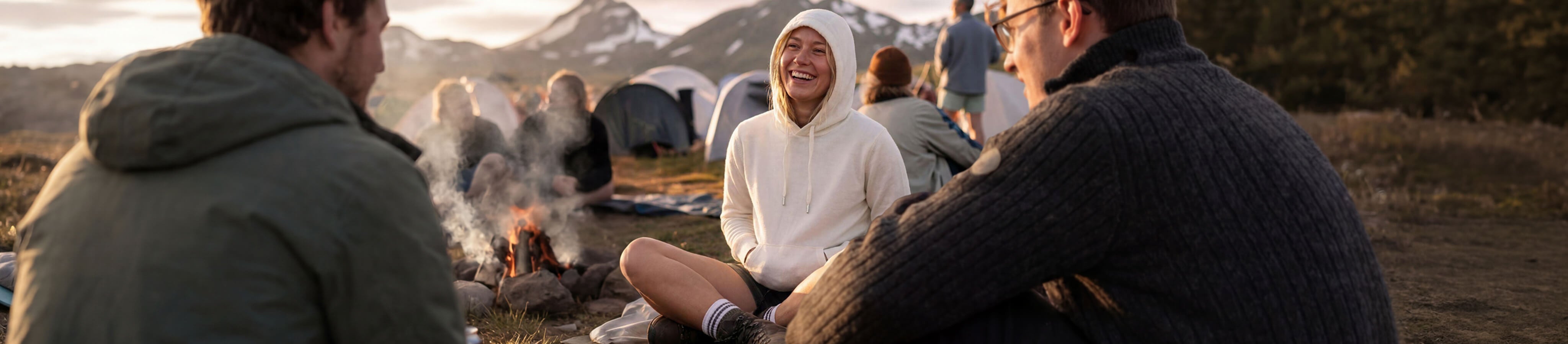 A person in a gray beanie and dark jacket walks outdoors with a scenic background of mountains, a lake, and patches of snow.