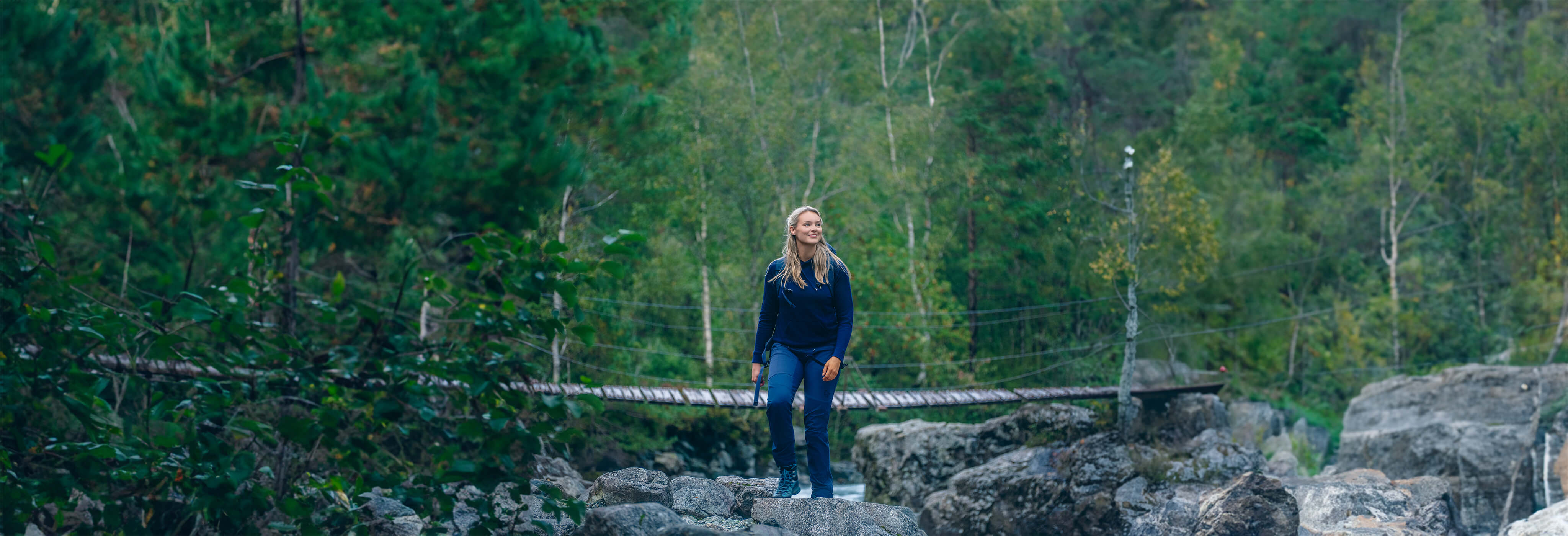 Person standing on a rocky outcrop in a forest