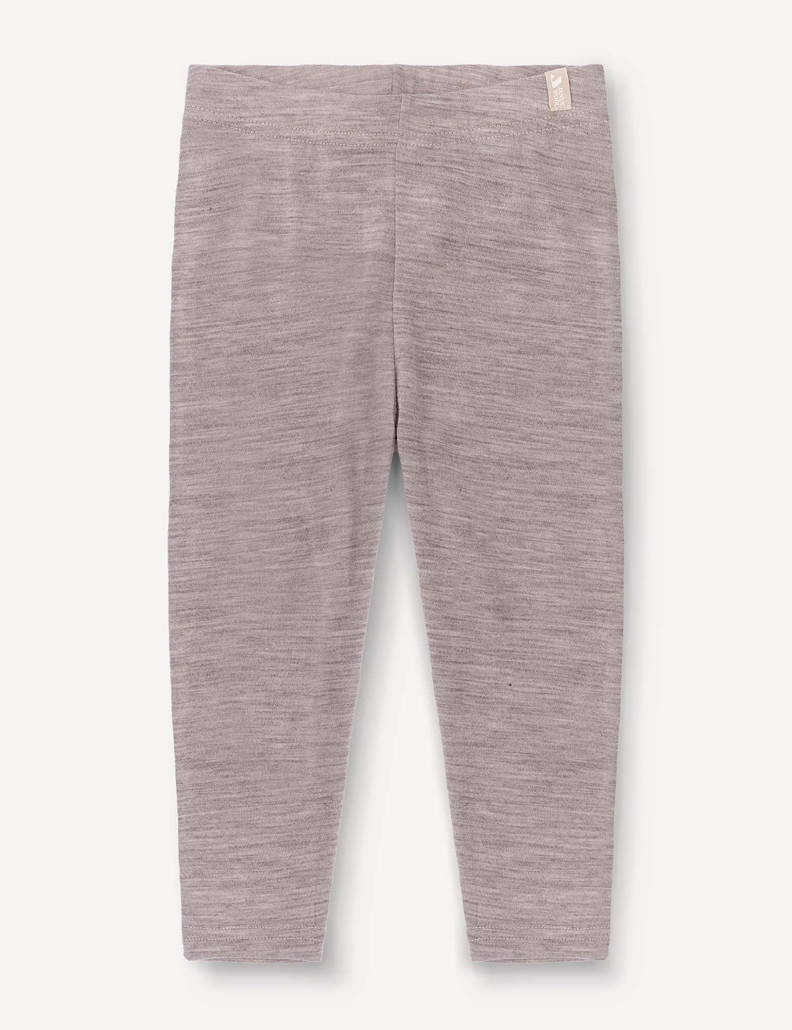 Beige melange lightweight Merino Baby Light leggings for children, shown flat against an off-white background. The leggings feature an elastic waistband and a small fabric tag on the upper right side, making them ideal as a comfortable base layer.