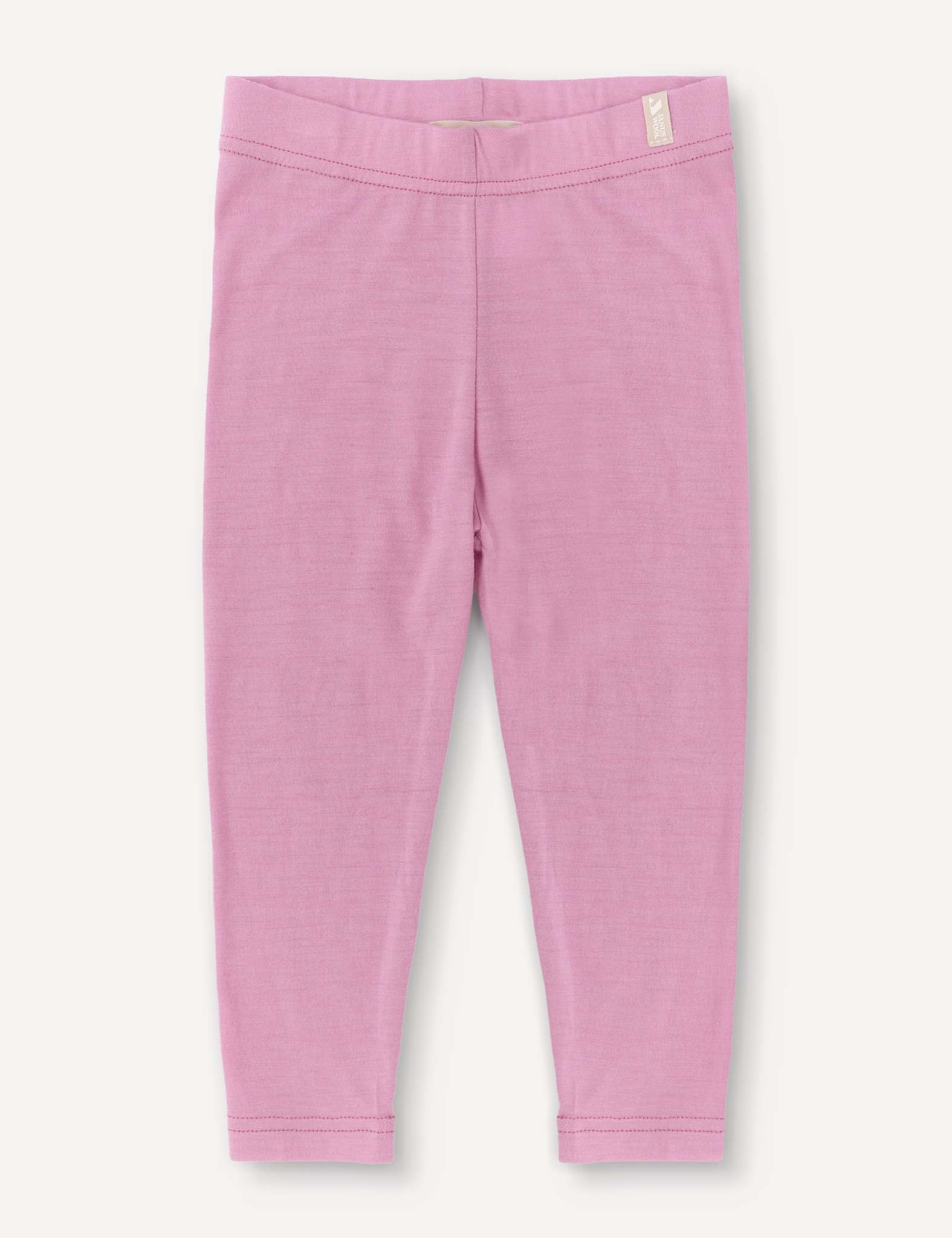 Mauve Orchid Merino Baby Light leggings displayed flat against a white background, showing the front side with an elastic waistband and simple stitching—perfect as a comfortable base layer.