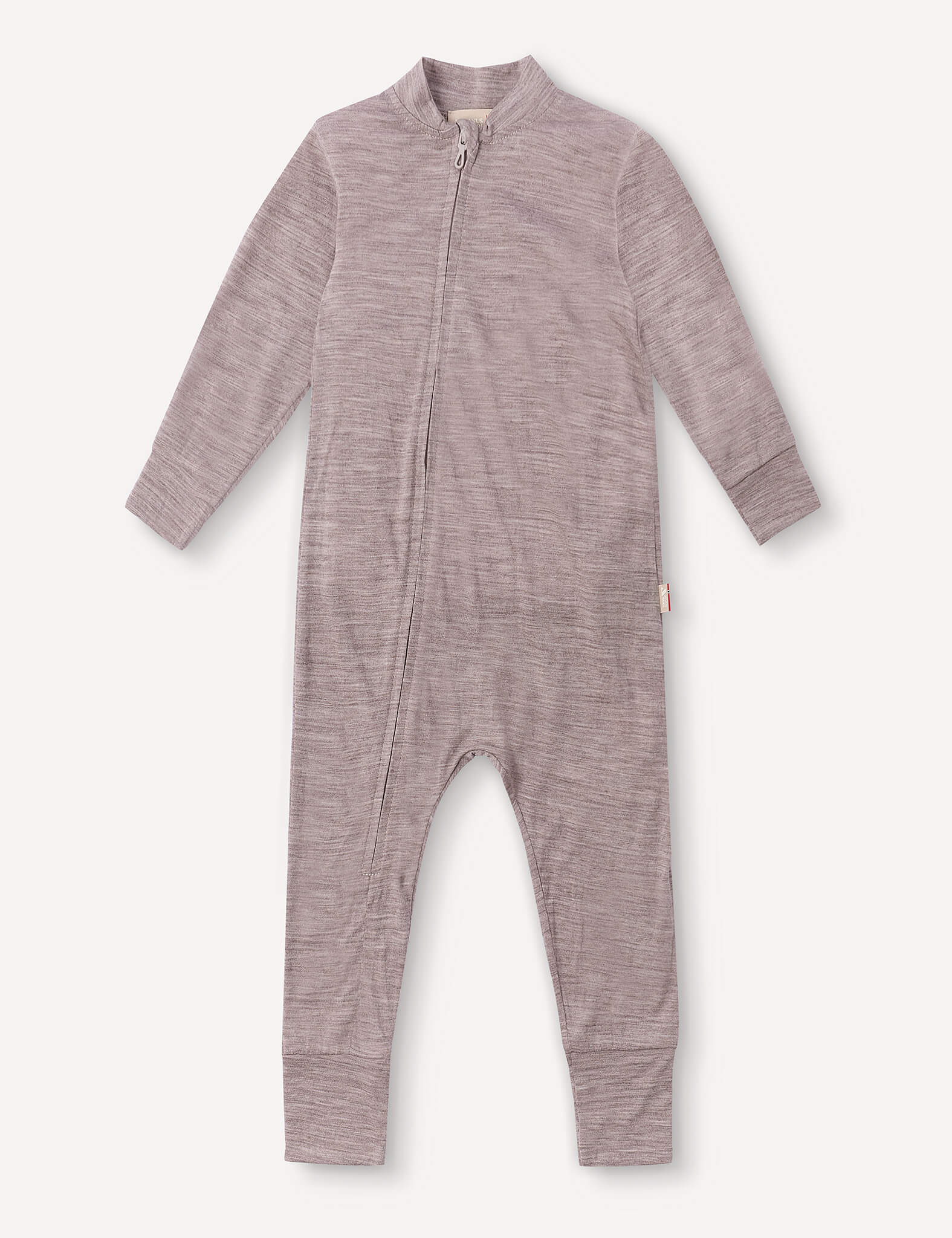 Beige melange long-sleeve baby jumpsuit with a front zipper that curves from the neck down to the left leg. Crafted from soft, stretchy, and lightweight merino fabric, it’s ideal for breathable sleepwear. The design is simple and free of patterns or prints. This product is called “Pyjamas – Merino Baby Light.”.