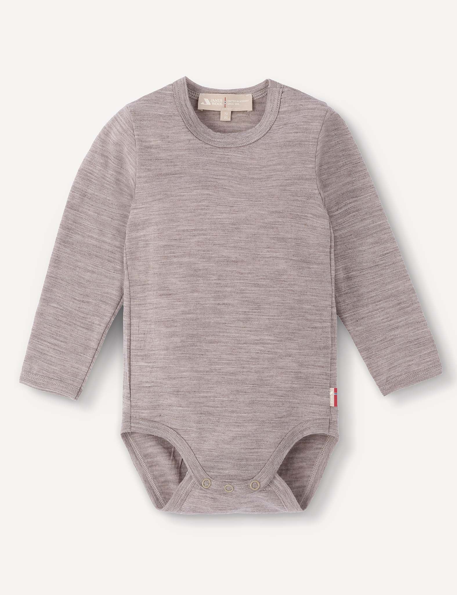 A long-sleeve, beige melange merino wool baby bodysuit with snap buttons at the bottom, laid flat on a plain background. The Body – Merino Baby Light is breathable baby clothing that offers comfort and style for your little one.
