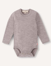 A long-sleeve, beige melange merino wool baby bodysuit with snap buttons at the bottom, laid flat on a plain background. The Body – Merino Baby Light is breathable baby clothing that offers comfort and style for your little one.