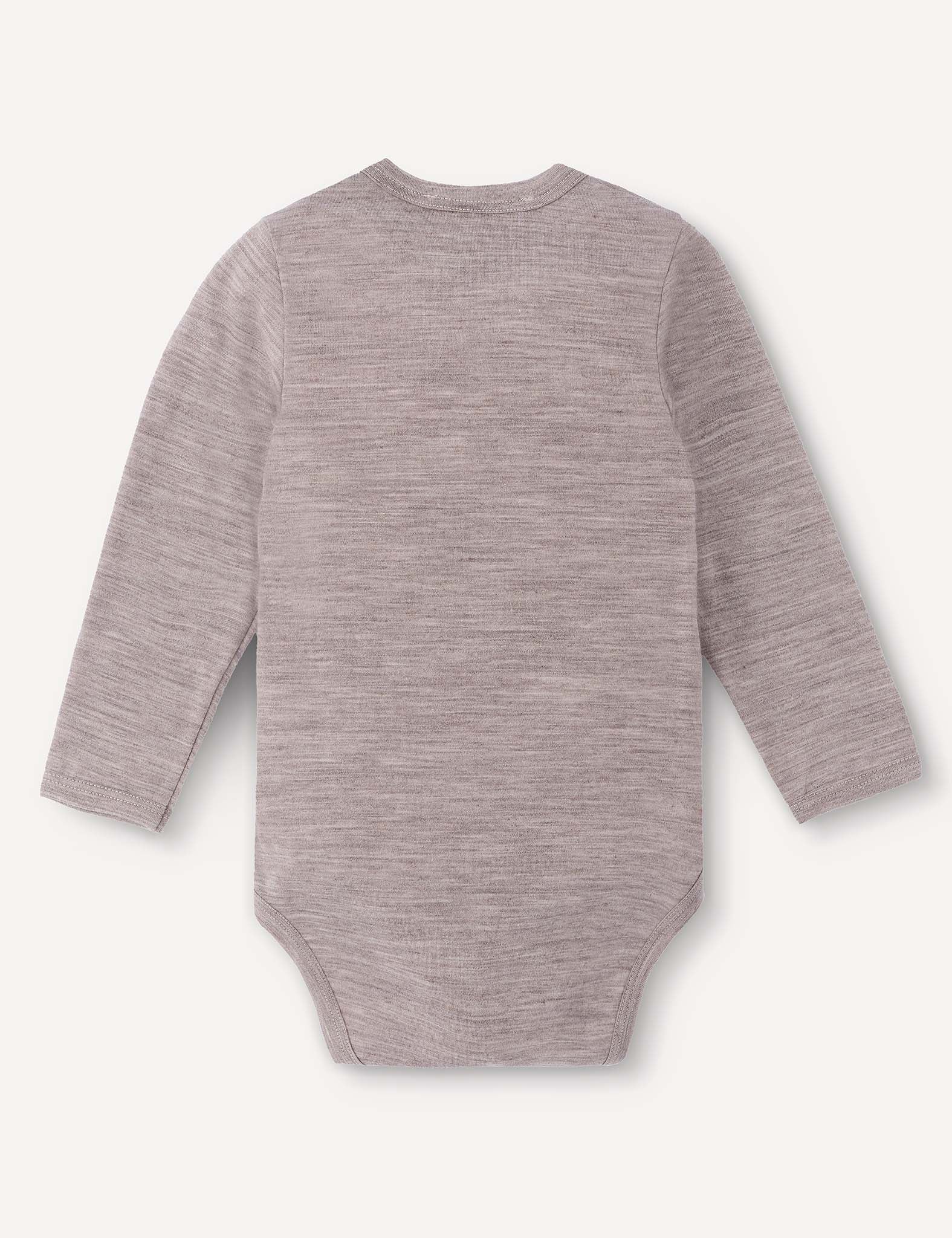 A Body – Merino Baby Light long-sleeve bodysuit in light gray is displayed laid flat, showcasing the back view, against a plain off-white background.