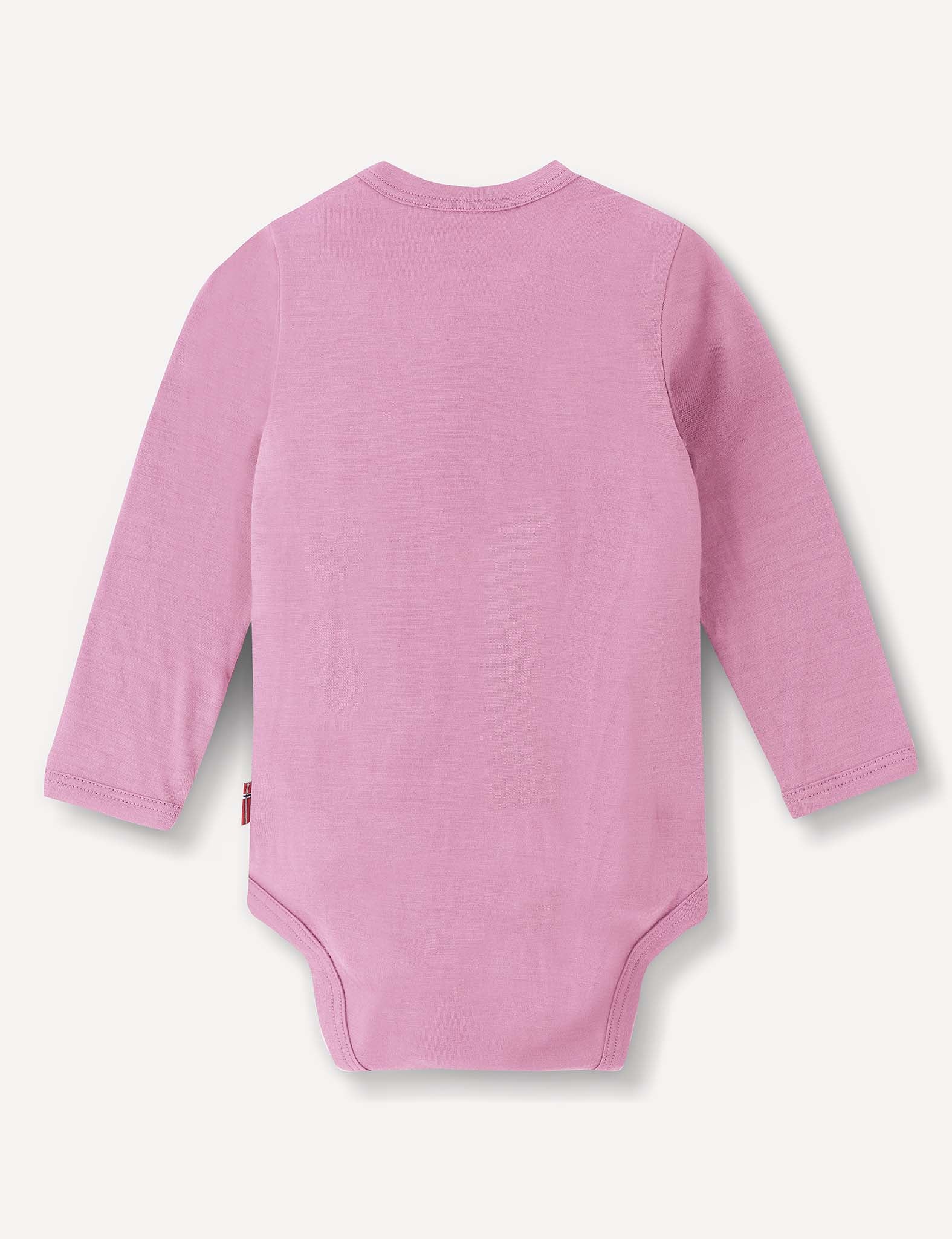 A lightweight, breathable Merino baby bodysuit in light pink, the Body – Merino Baby Light is shown from the back against a white background.