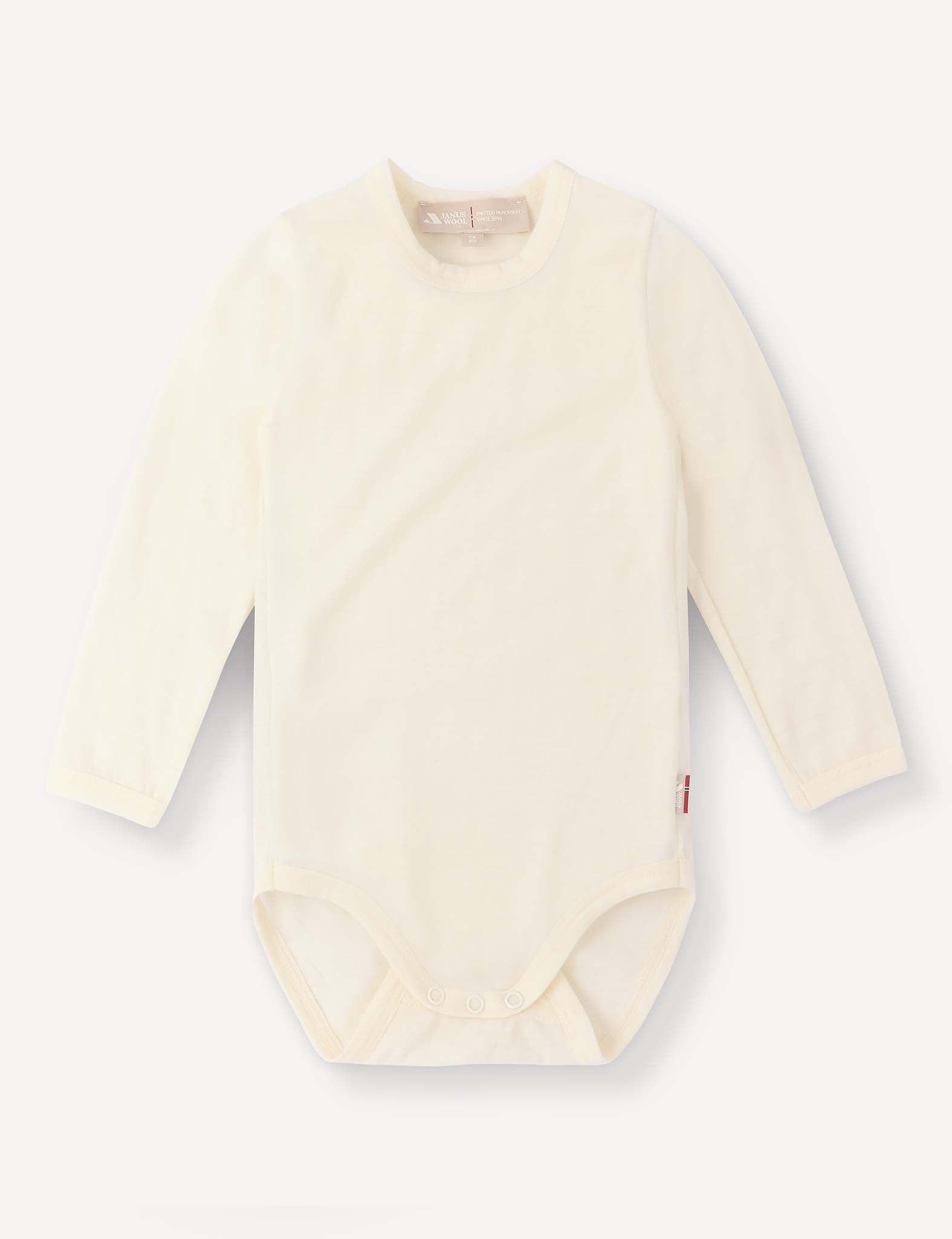 A long-sleeve, marshmallow-colored “Body – Merino Baby Light” bodysuit made from breathable merino wool, featuring snap closures at the bottom and displayed flat on a light background. This soft baby clothing provides both comfort and style for your little one.