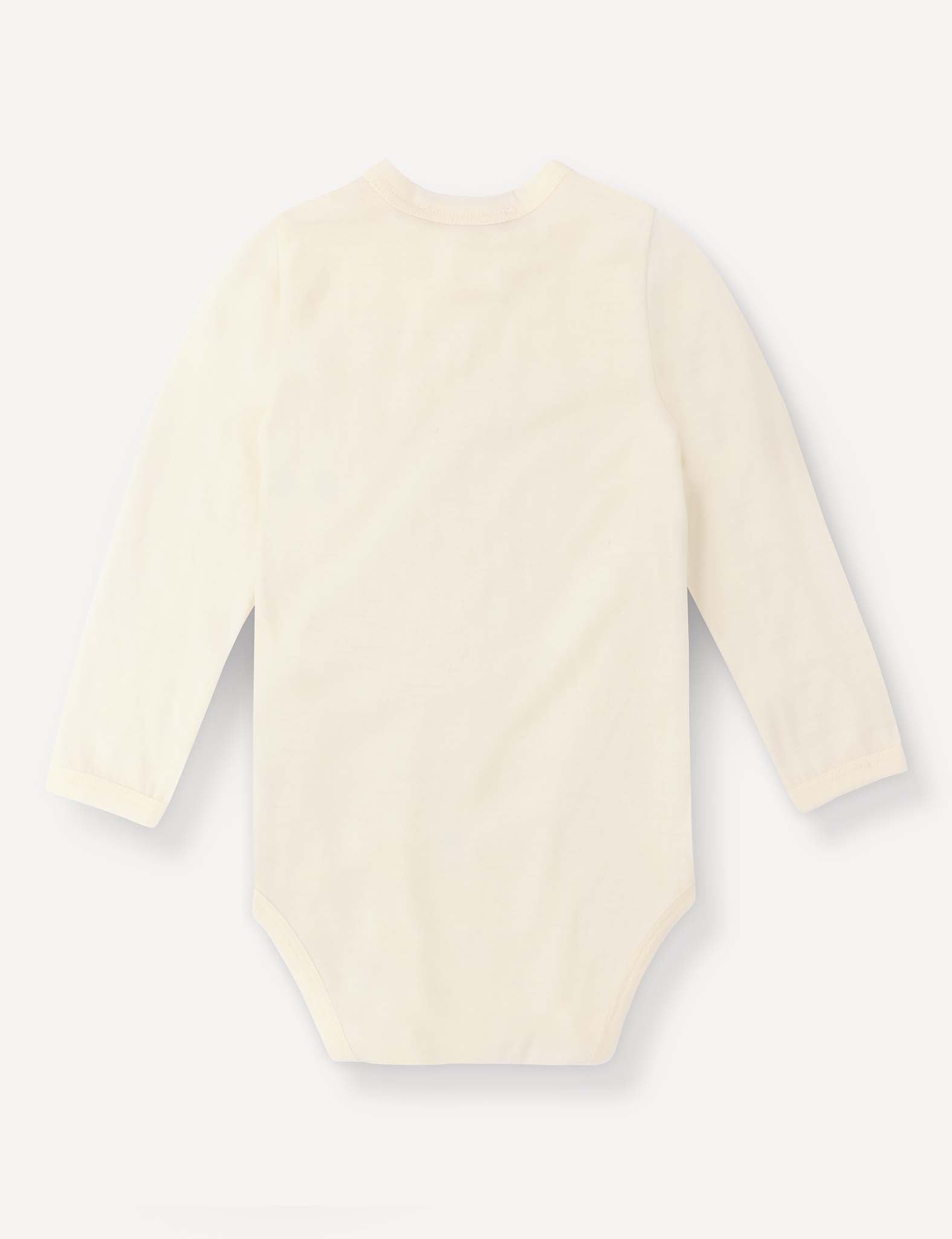 A long-sleeved, cream-colored Body – Merino Baby Light bodysuit is displayed flat on a white background, showcasing the back side. Made from breathable merino wool, this baby clothing piece offers both comfort and style for your little one.