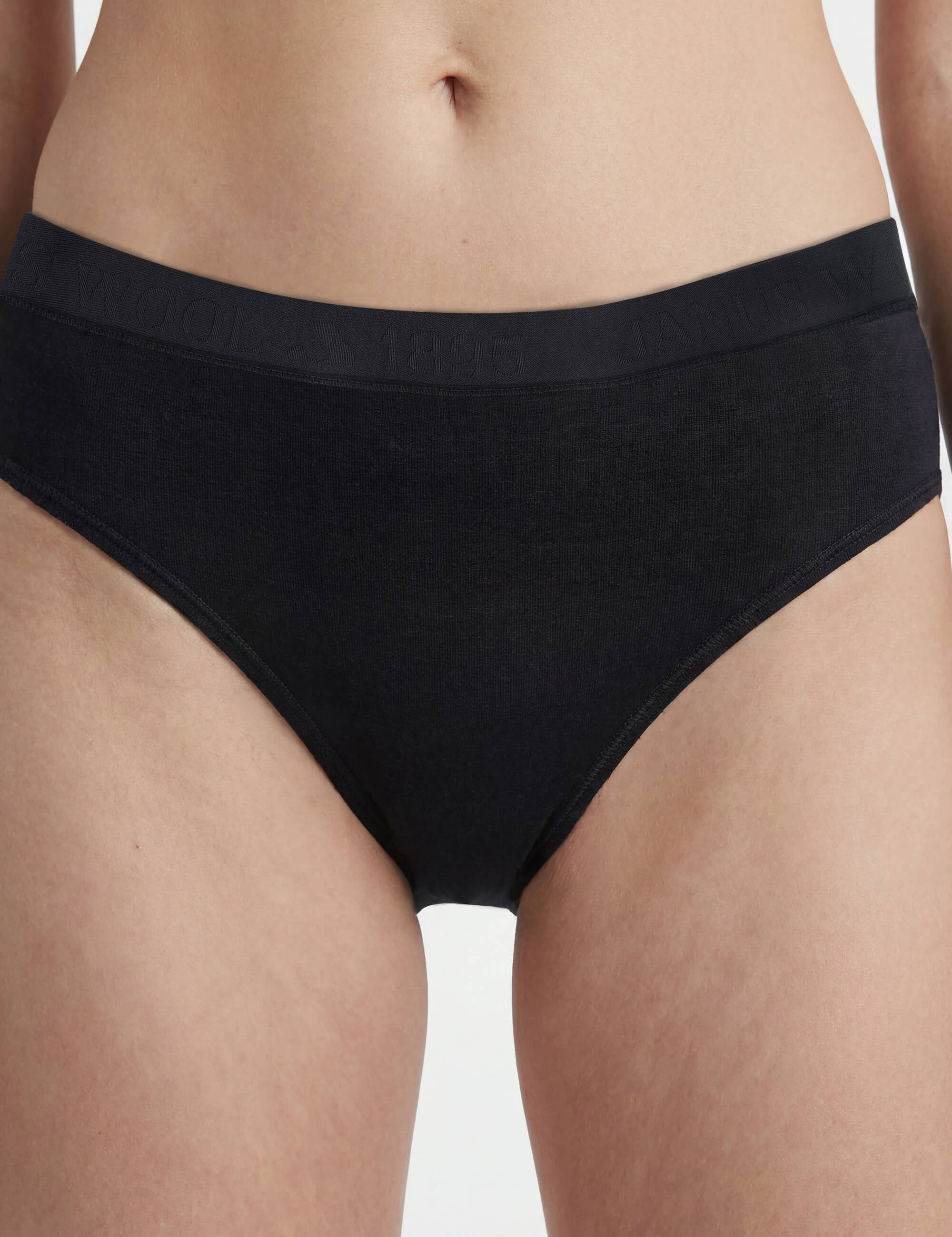 A person is shown from waist to mid-thigh wearing Classic Merino 160 Women briefs in black against a plain background.