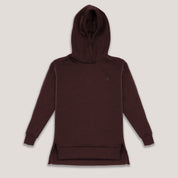 The Hoodie Merino – AirWool 280 Women in Tawny Port is a dark brown, long-sleeve merino wool hoodie with ribbed cuffs, side hem slits, and a relaxed fit—perfect insulation for cool to cold weather. Shown laid flat on a light background.