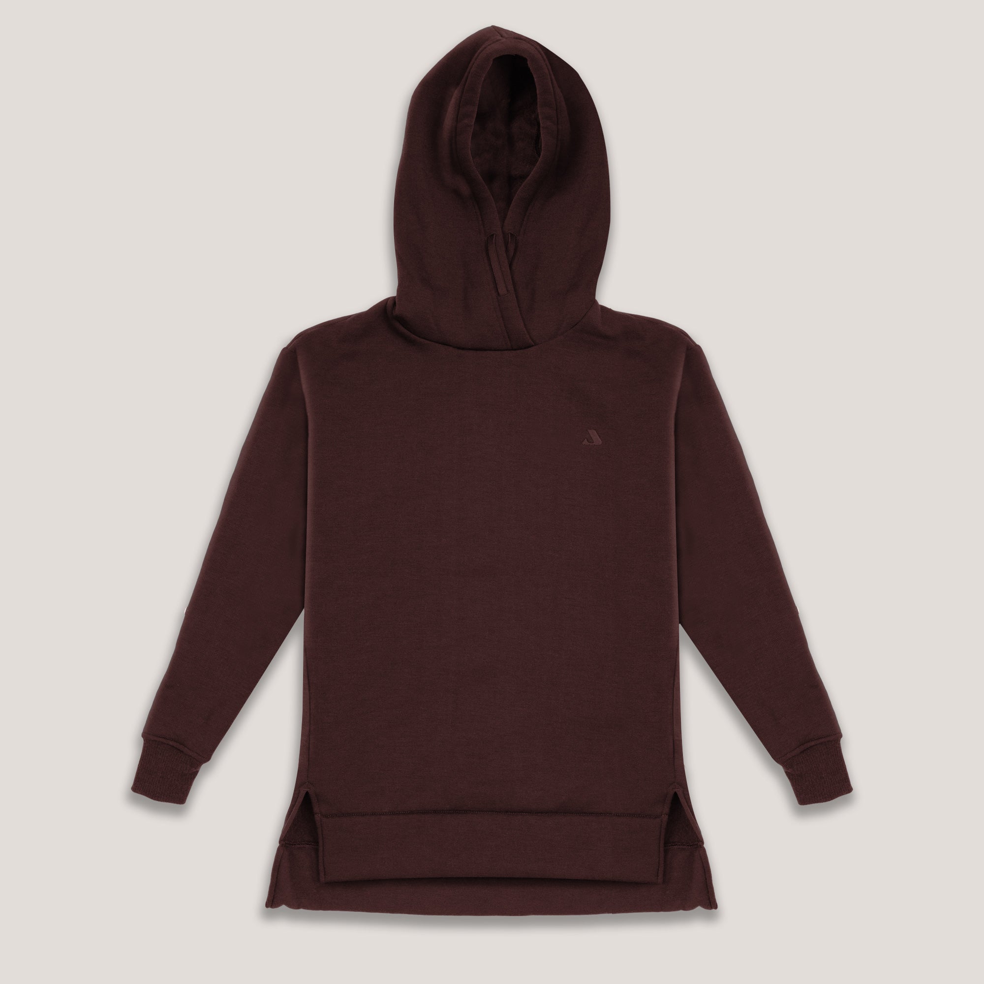 The Hoodie Merino – AirWool 280 Women in Tawny Port is a dark brown, long-sleeve merino wool hoodie with ribbed cuffs, side hem slits, and a relaxed fit—perfect insulation for cool to cold weather. Shown laid flat on a light background.