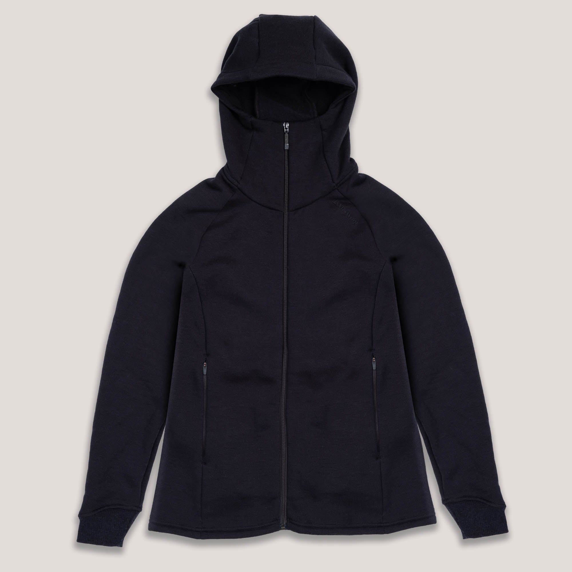 The Hooded Jacket Merino – AirWool 280 Women in black is a long-sleeve, full-zip insulating hooded jacket with front pockets, displayed flat on a light gray background.