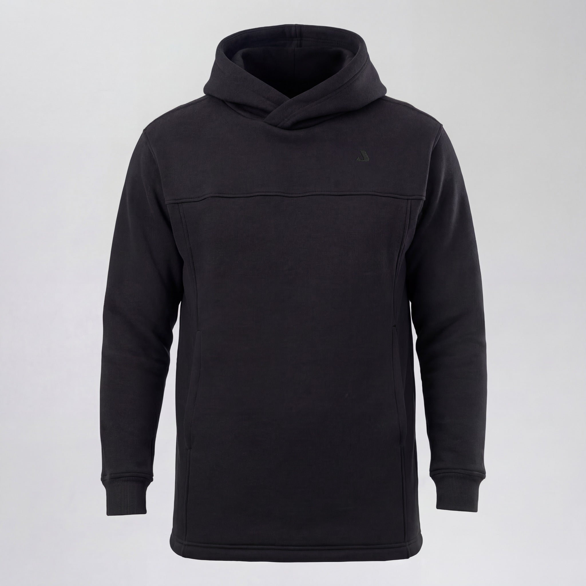 Black Janus Wool merino hoodie on a light gray background