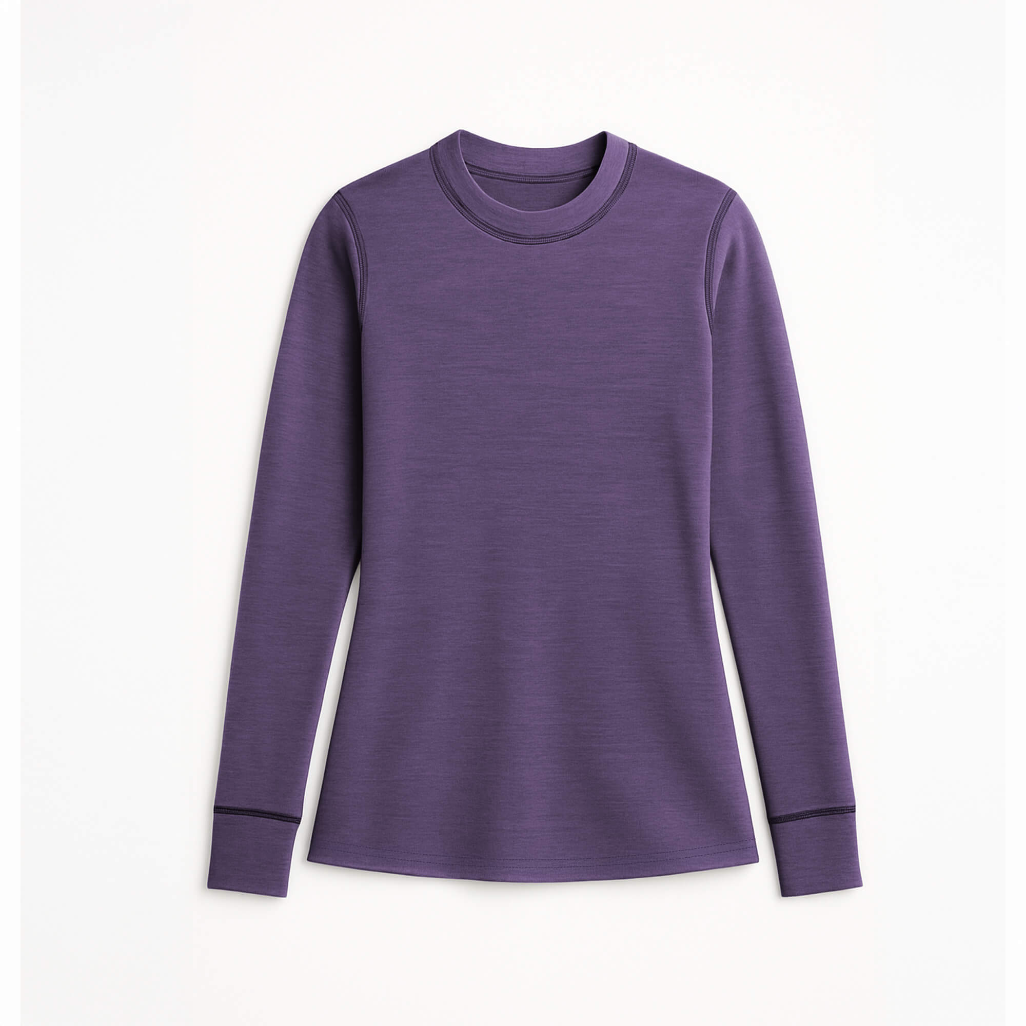 The Jersey merino - ReWool 200 Women in purple is a long-sleeve, crew neck shirt made from surplus fabrics. It features a simple, fitted design with no visible patterns or logos, and is shown laid flat on a white background.