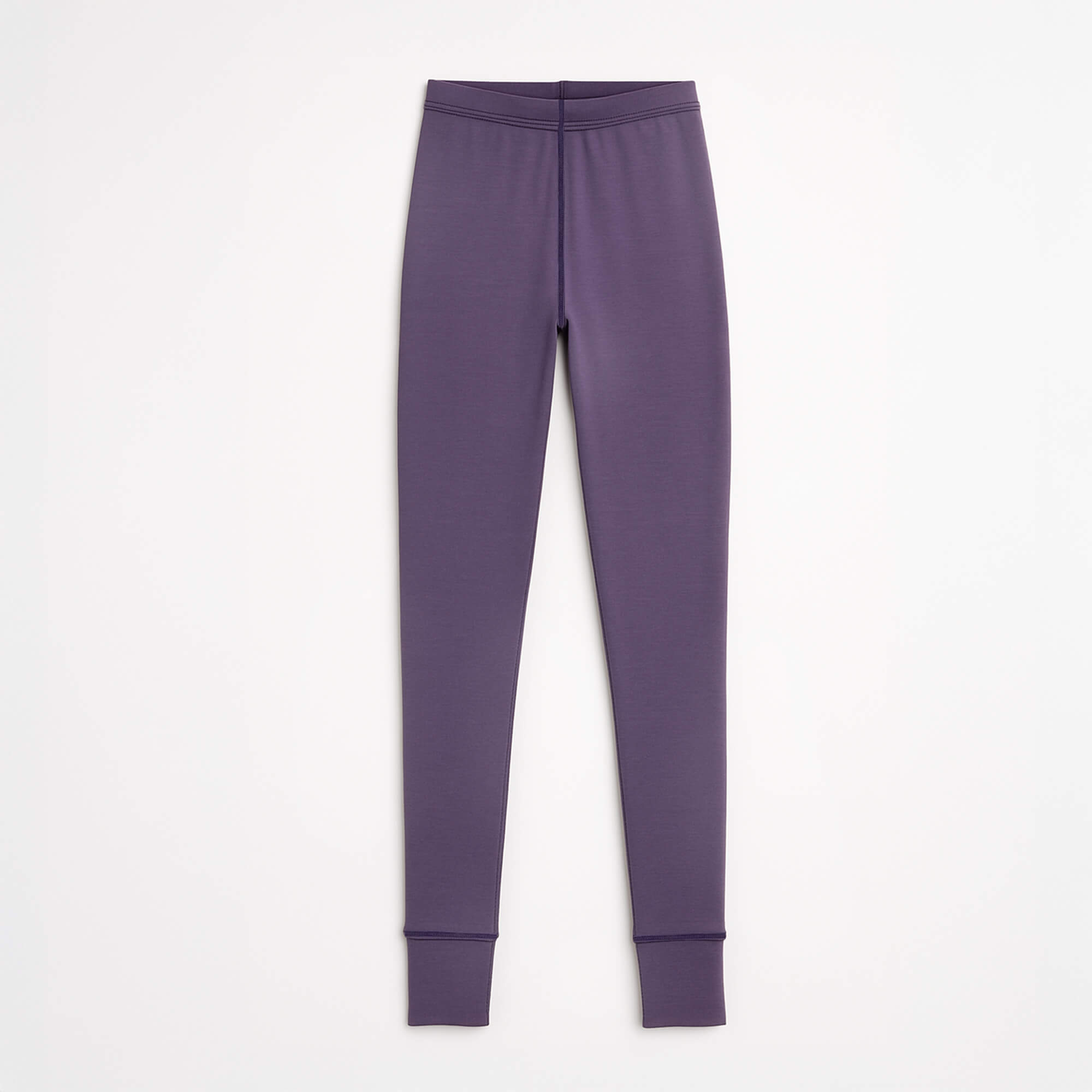 Leggings merino - ReWool 200 Women: purple long-sleeve 100% merino wool leggings with ribbed cuffs, laid flat on a white background for a sustainable fashion statement.