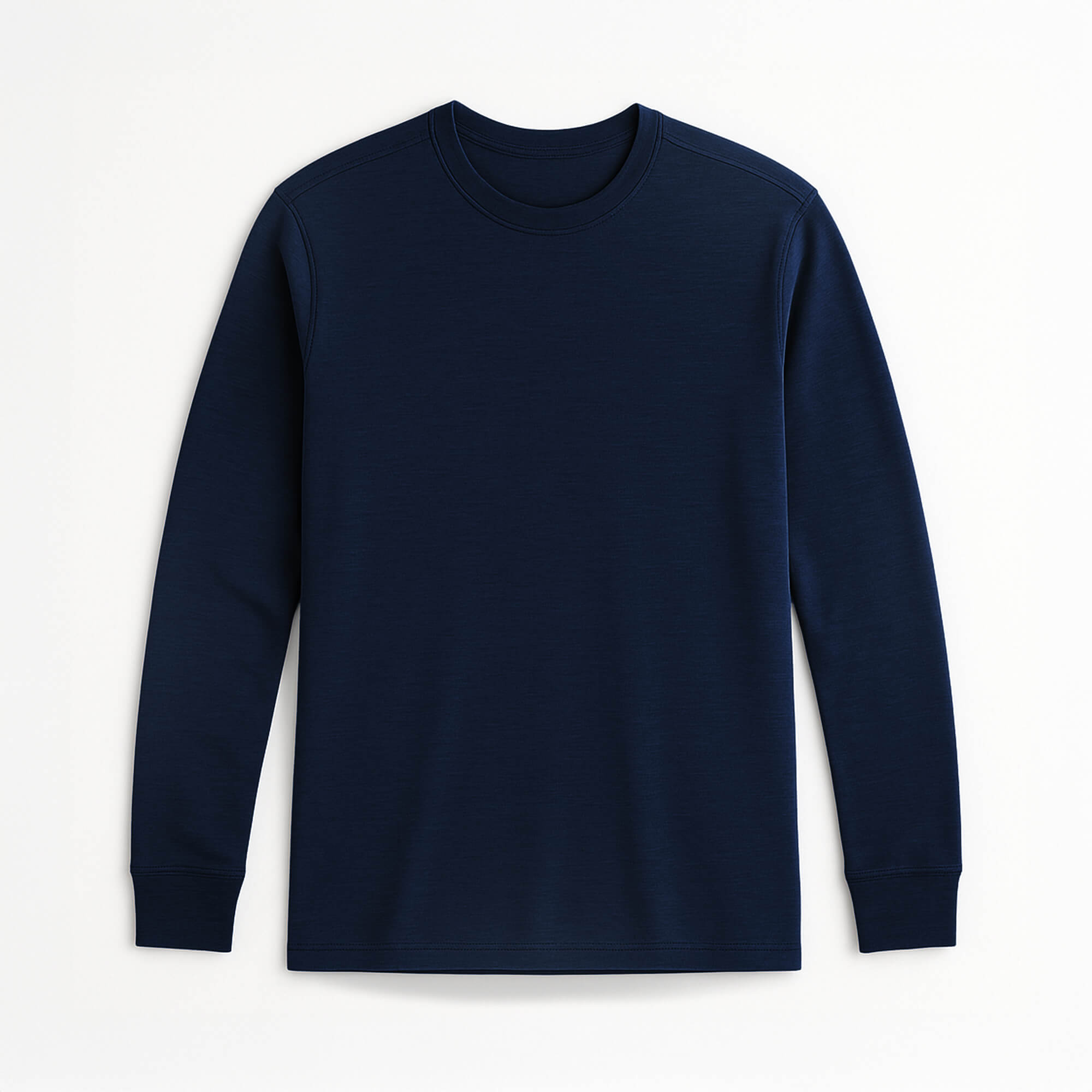 The Jersey merino - ReWool 200 Men is a navy, long-sleeve crewneck shirt made from recycled fabrics, shown flat on a white background. It has ribbed cuffs and features no visible logos, patterns, or designs.