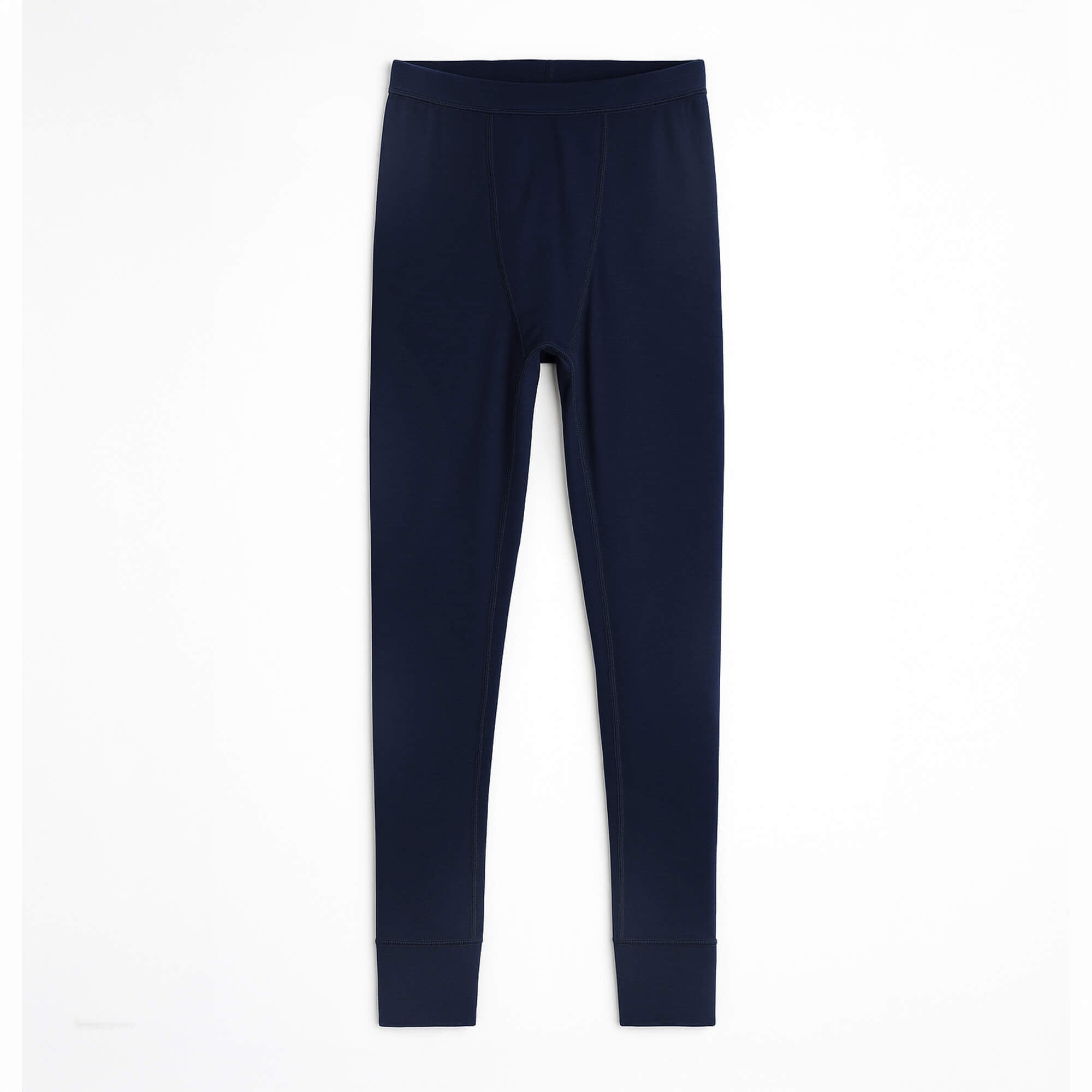 The Leggings merino - ReWool 200 Men in navy blue are shown laid flat on a white background, featuring an elastic waistband and cuffed ankles. Made from eco-friendly surplus Merino wool for comfort and sustainability.