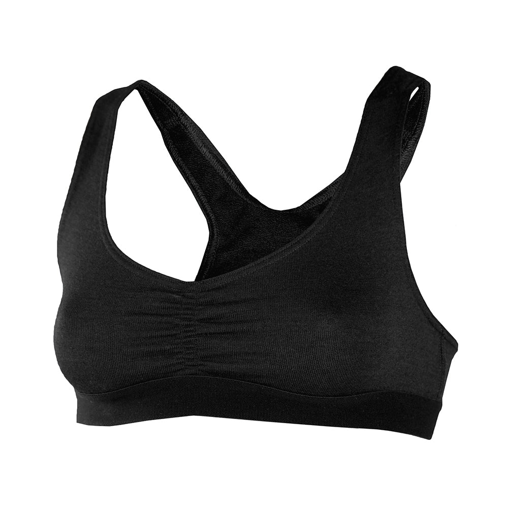 The Flame Retardant Bra – Janus Pro Women in black features wide shoulder straps, a racerback design, slight front ruching, and an elastic bottom band for support.