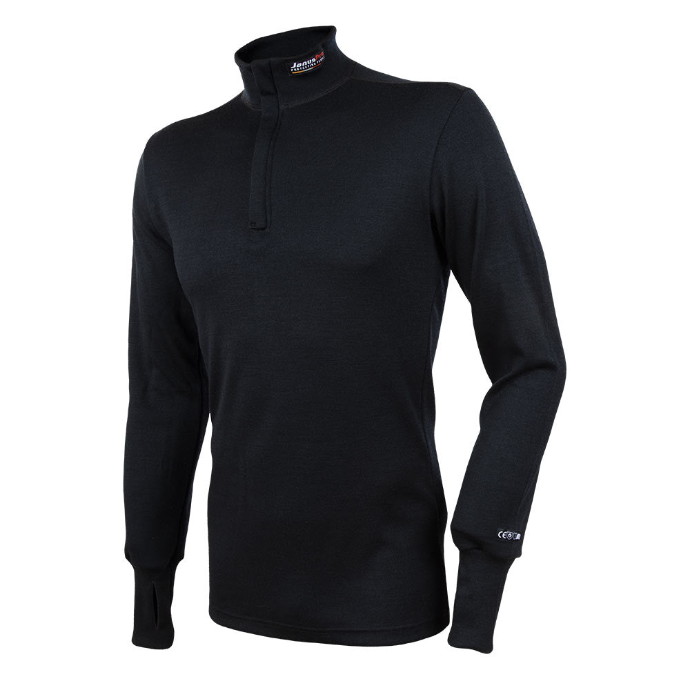 JanusPro polo med lav zip i flammehemmende ull til herre, svart