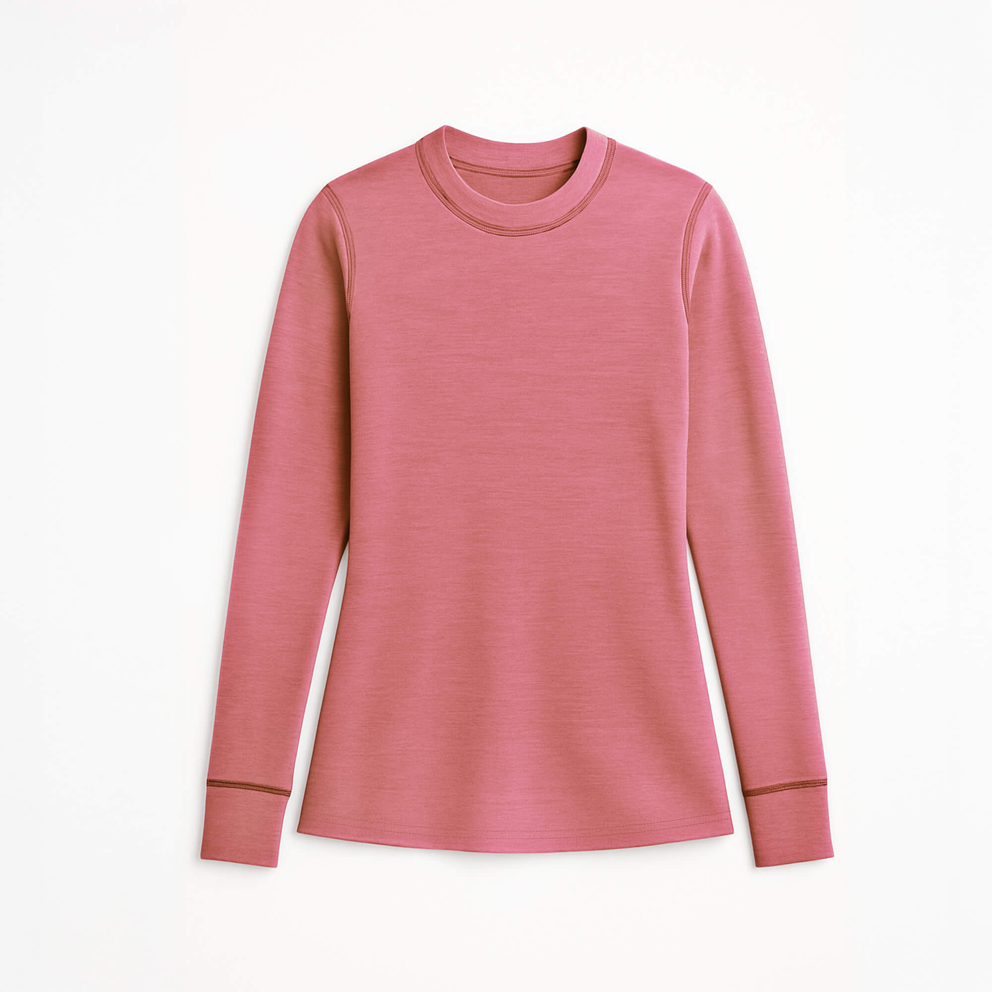 The Jersey merino - ReWool 215 Women shirt in pink is made from merino wool jersey, featuring a simple, fitted, long-sleeve crew neck design with minimal stitching and highlights sustainable clothing principles.