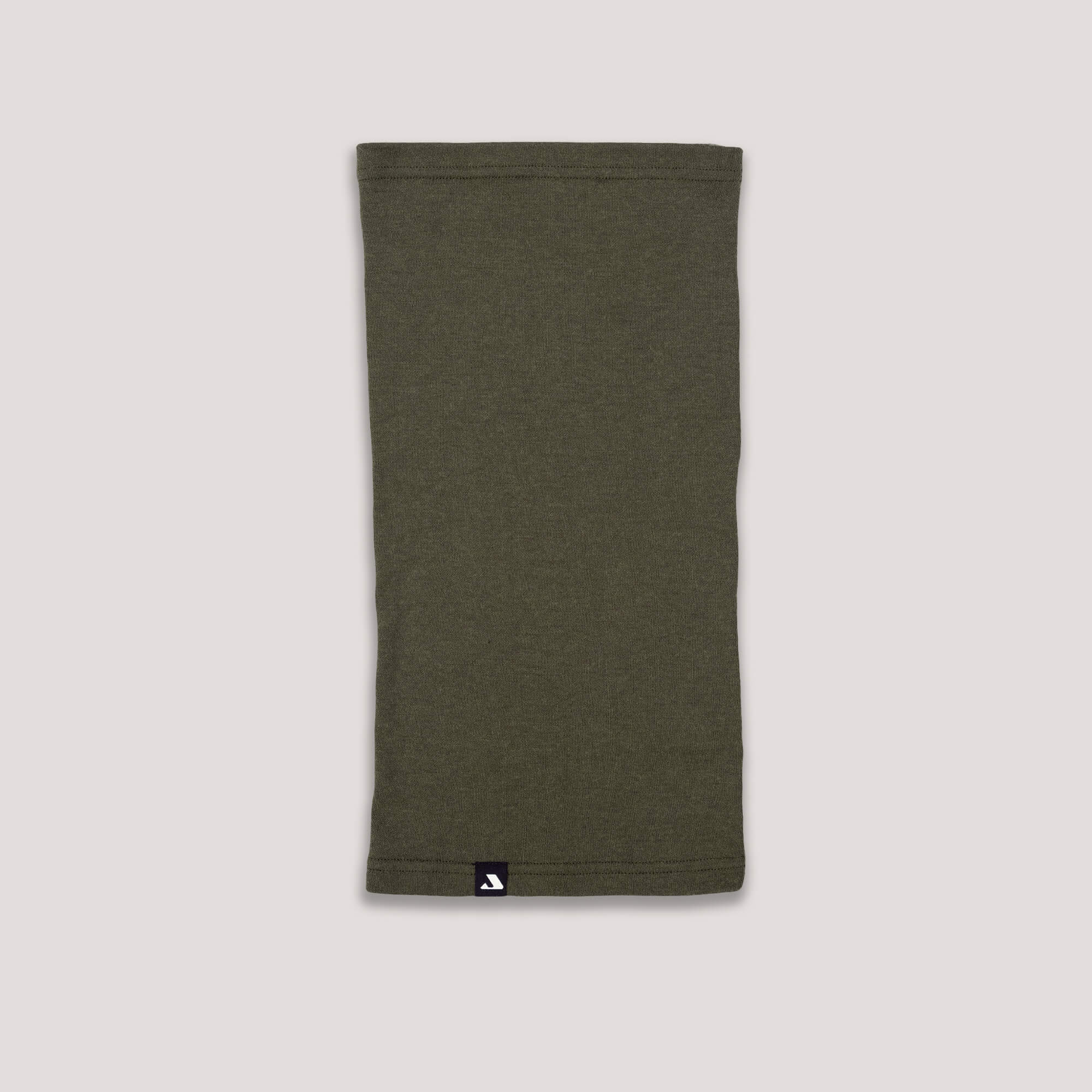 The Janus Wool Neck Warmer – Classic Merino 215 in olive green is shown flat on a light background, with a small black tag featuring a white logo, offering warmth and breathability.