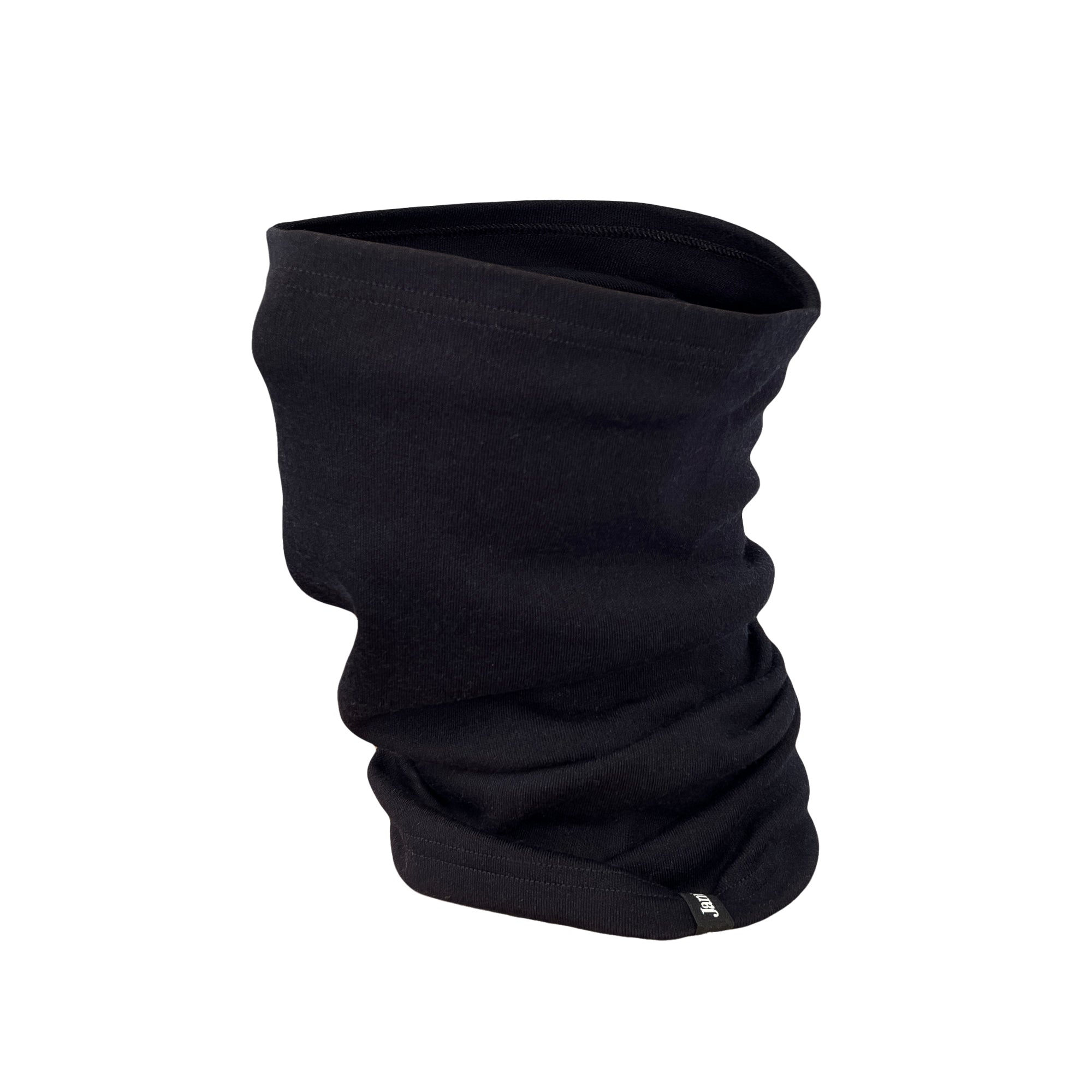 Janus Black neck gaiter in merino on a white background