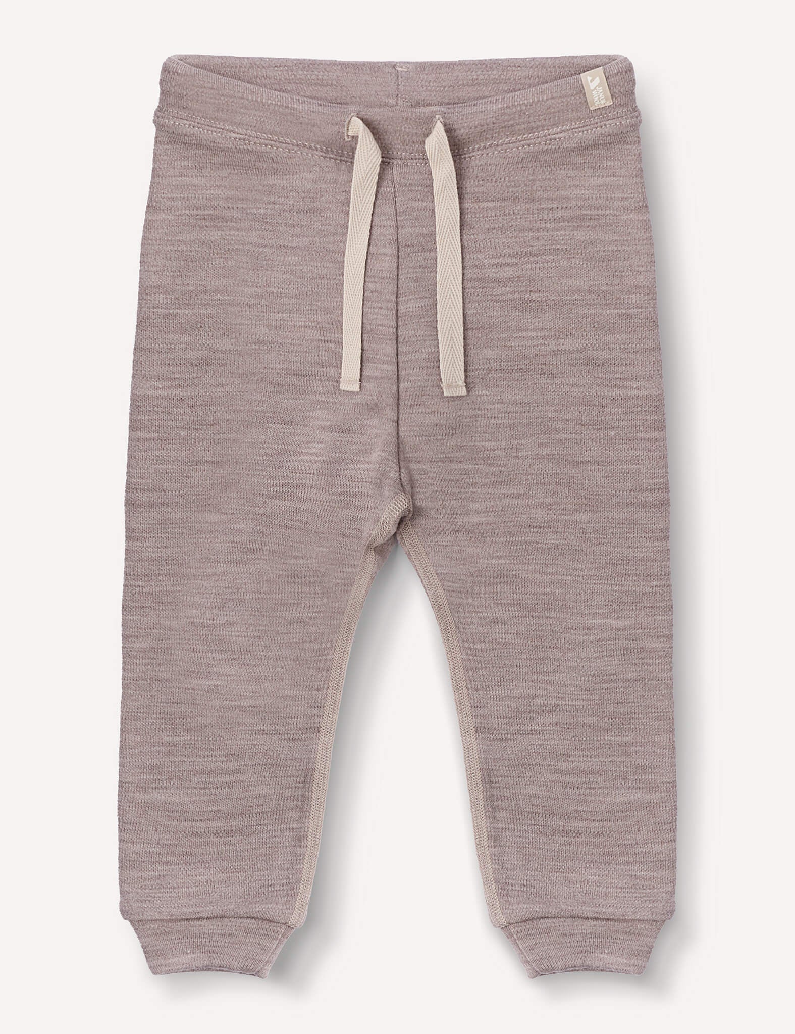 Beige melange Merino Baby AirWool pants featuring an adjustable drawcord, cream-colored drawstring, and ribbed waistband and cuffs, displayed flat on a neutral background.