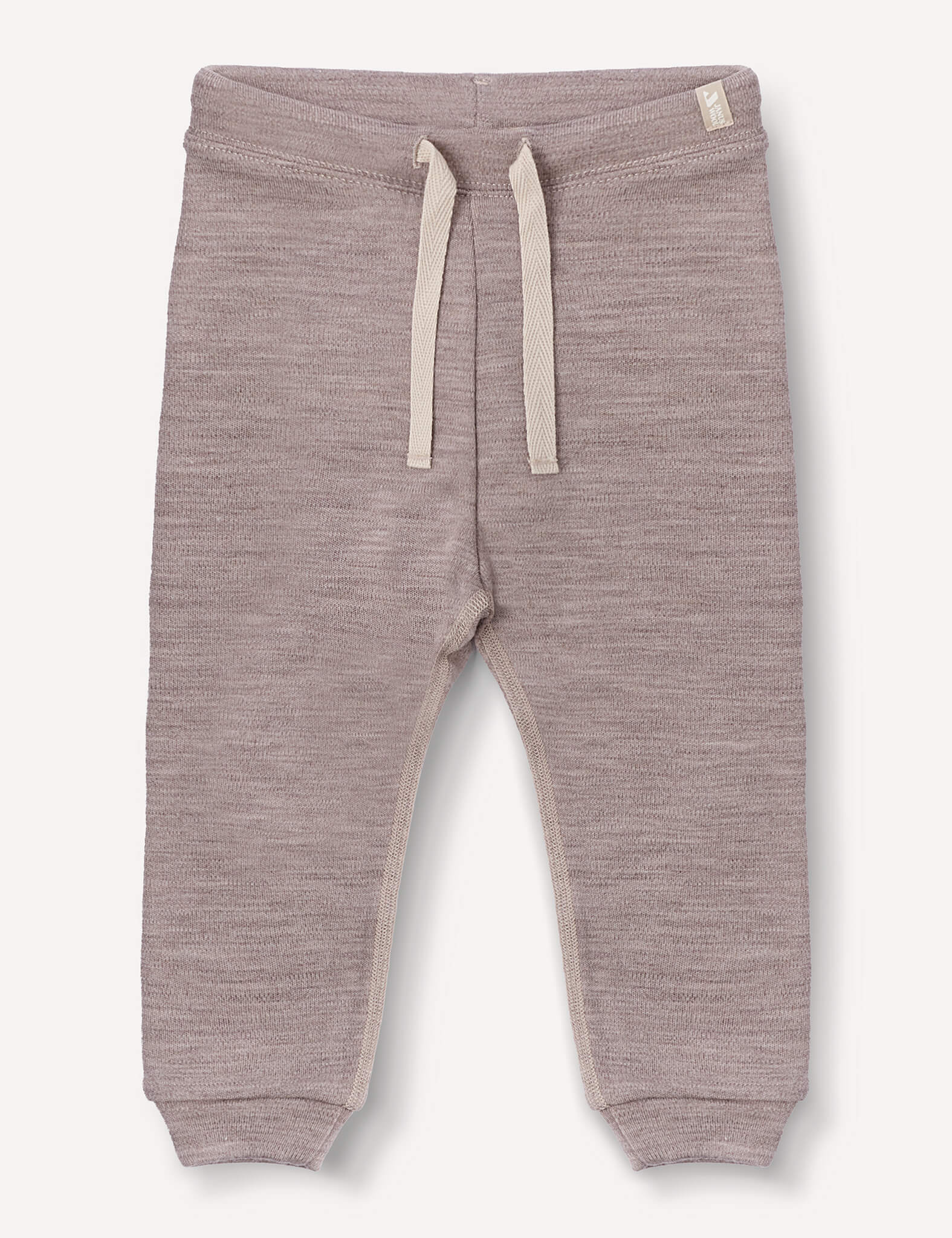 Beige melange Merino Baby AirWool pants featuring an adjustable drawcord, cream-colored drawstring, and ribbed waistband and cuffs, displayed flat on a neutral background.