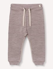 Beige melange Merino Baby AirWool pants featuring an adjustable drawcord, cream-colored drawstring, and ribbed waistband and cuffs, displayed flat on a neutral background.
