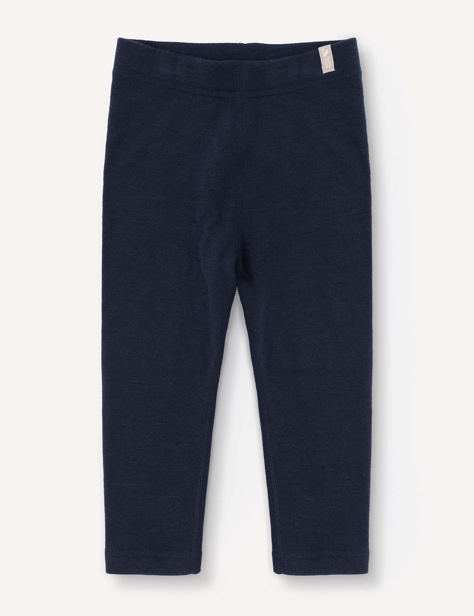 Navy Leggings – Merino Baby AirWool for babies or toddlers displayed flat on a light background, featuring an elastic waistband and a small fabric tag on the left hip.