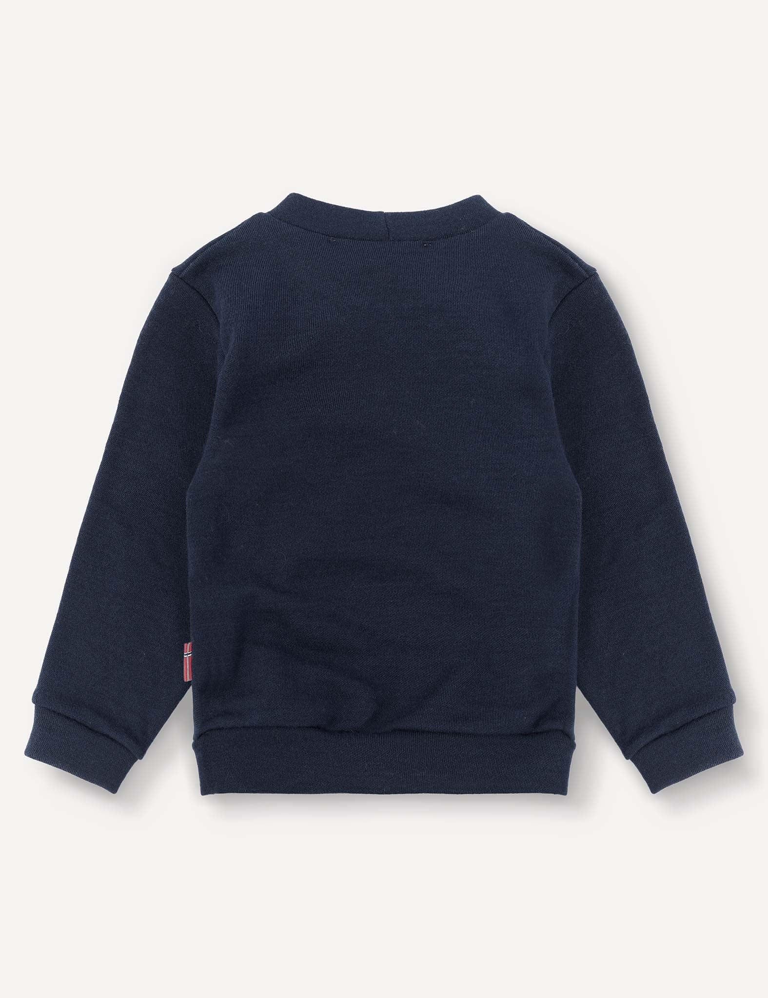 A back view of the Pullover – Merino Baby AirWool in navy blue, highlighting its ribbed cuffs, ribbed waistband, and classic crew neckline. Made from brushed AirWool merino wool for breathable warmth and soft comfort, this long-sleeve sweatshirt blends timeless style with cozy insulation.