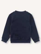 A back view of the Pullover – Merino Baby AirWool in navy blue, highlighting its ribbed cuffs, ribbed waistband, and classic crew neckline. Made from brushed AirWool merino wool for breathable warmth and soft comfort, this long-sleeve sweatshirt blends timeless style with cozy insulation.