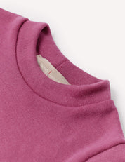 Close-up of the mauve Pullover – Merino Baby AirWool, highlighting the crew neck collar and part of the inner label. This jumper provides breathable insulation for enhanced comfort.