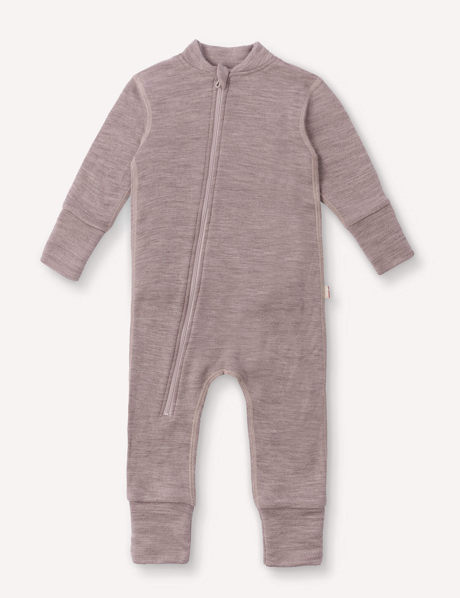A long-sleeve, full-length Onesie – Merino Baby AirWool in Beige Melange featuring a front diagonal zipper, ribbed and fold-over cuffs, and a simple, minimalist design.