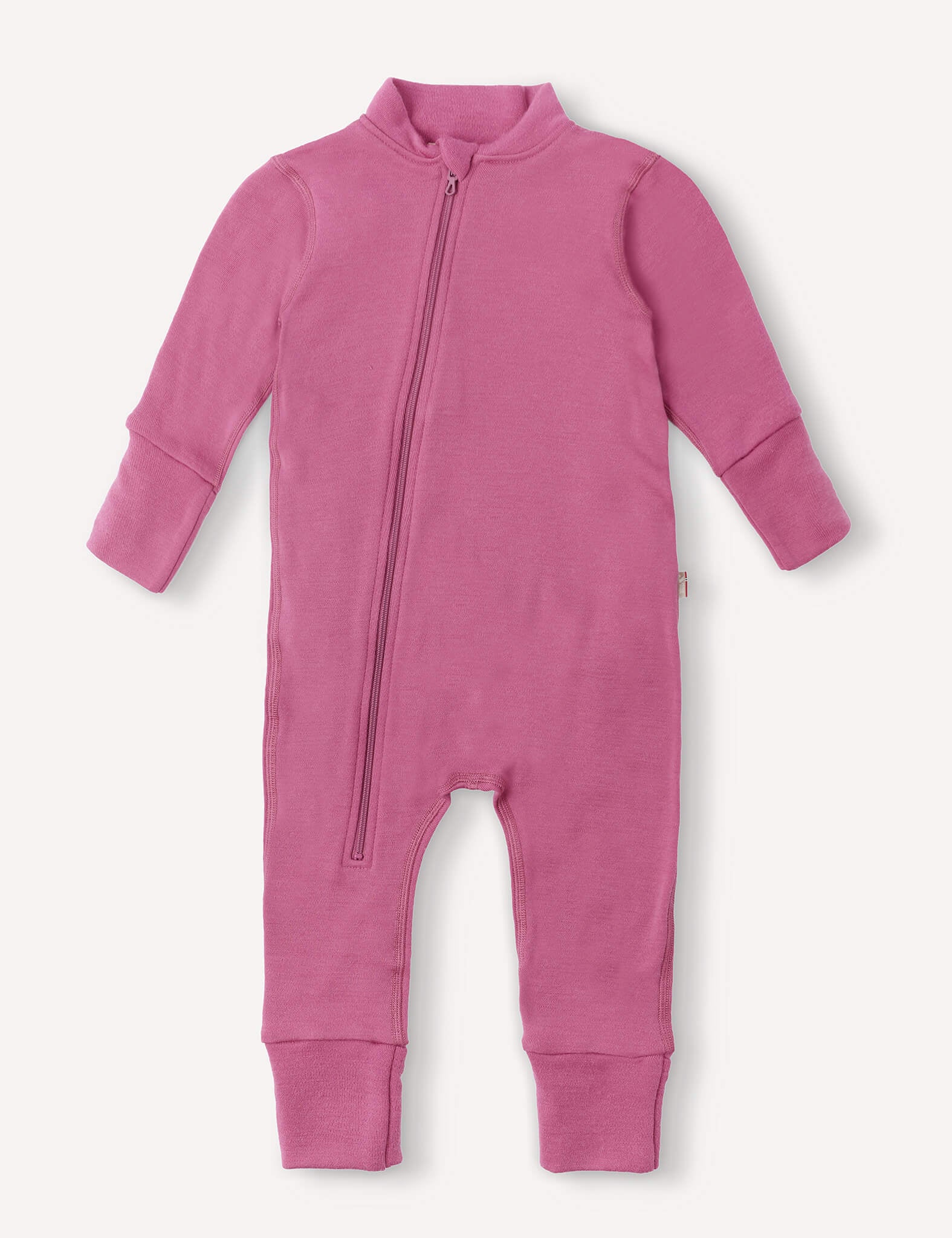 A long-sleeve Merino Baby AirWool onesie in Hawthorn Rose, featuring a front diagonal zipper, footless legs, and convenient fold-over cuffs. The soft and stretchy fabric offers breathable insulation—perfect for infants or toddlers.