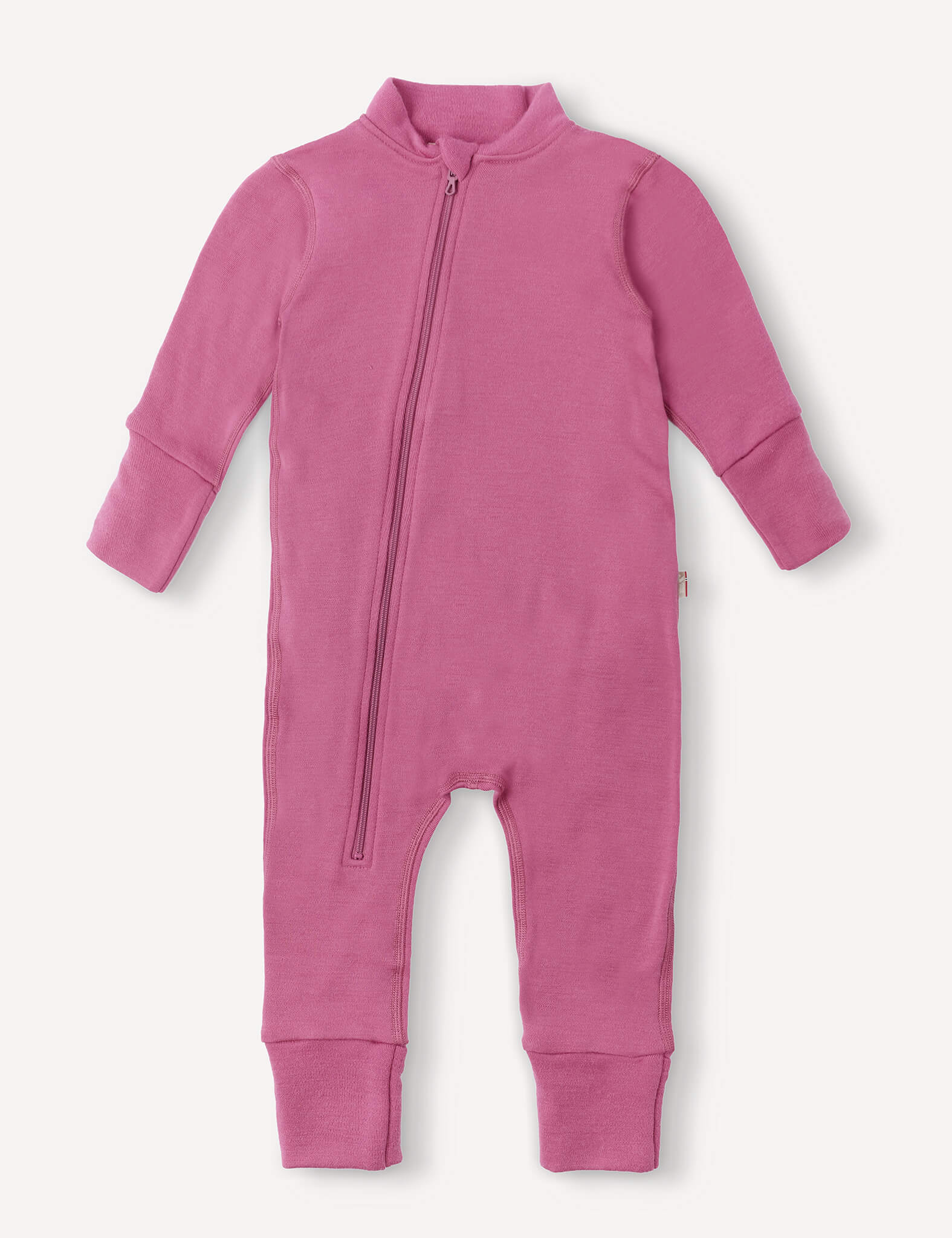 A long-sleeve Merino Baby AirWool onesie in Hawthorn Rose, featuring a front diagonal zipper, footless legs, and convenient fold-over cuffs. The soft and stretchy fabric offers breathable insulation—perfect for infants or toddlers.