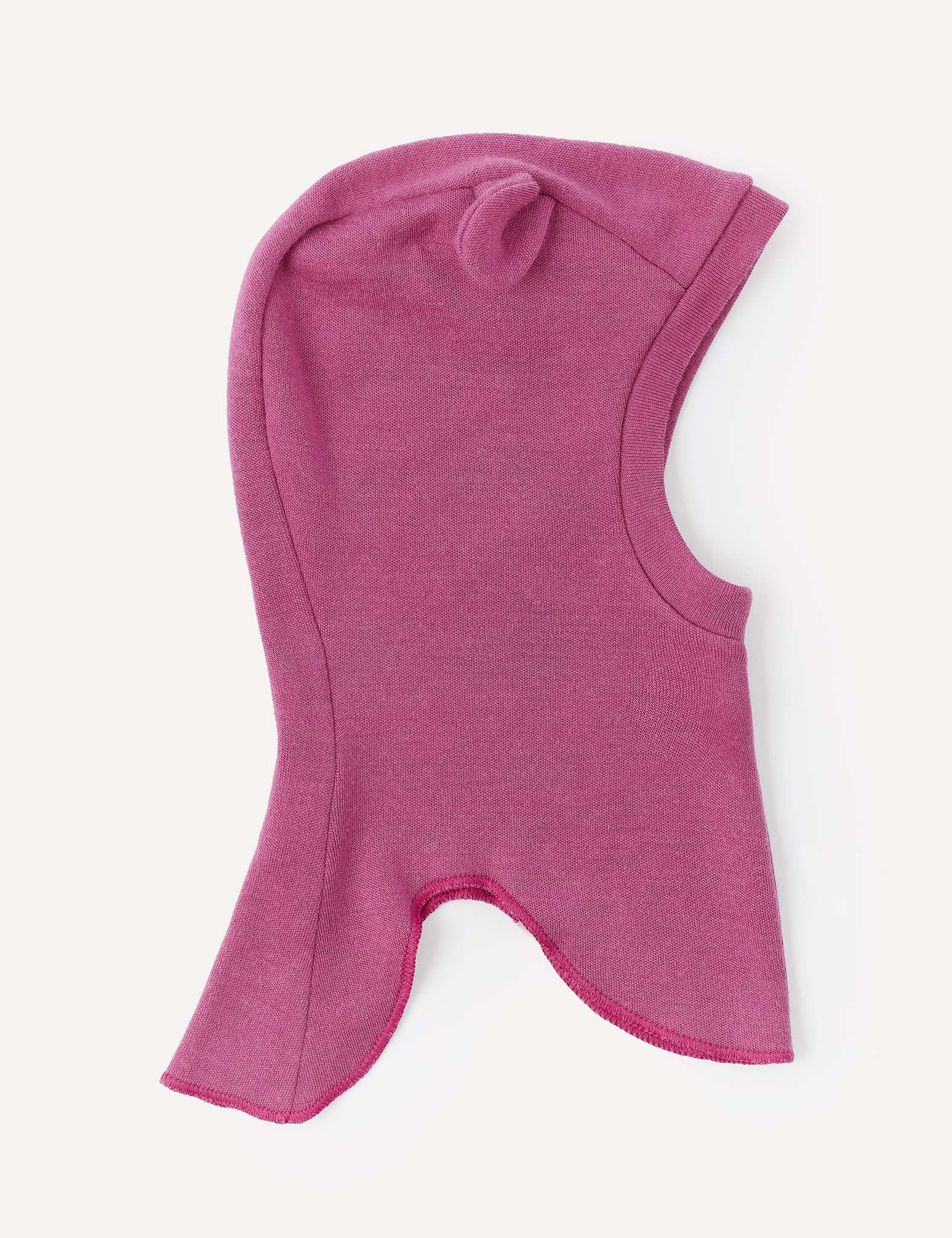 A Hawthorn Rose knit merino wool Balaclava – Merino Baby AirWool with a rounded top and ear-like detail, designed to cover the head, neck, and part of the shoulders, photographed on a white background.