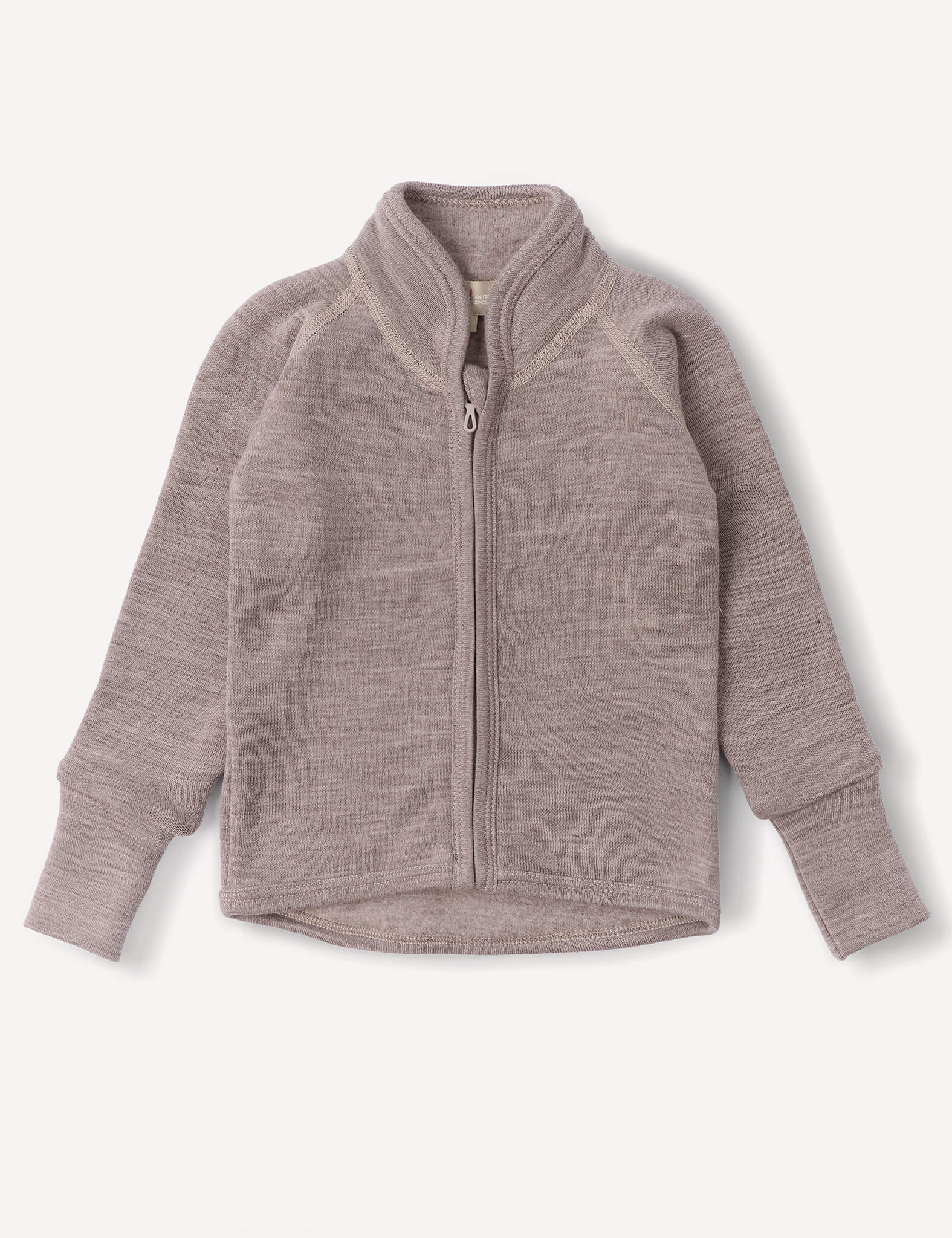 Beige Melange Jacket – Merino Baby AirWool for children, featuring a zip closure, long sleeves, high collar, and ribbed cuffs, crafted from breathable insulation and displayed laid flat on a white background.