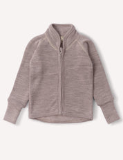 Beige Melange Jacket – Merino Baby AirWool for children, featuring a zip closure, long sleeves, high collar, and ribbed cuffs, crafted from breathable insulation and displayed laid flat on a white background.