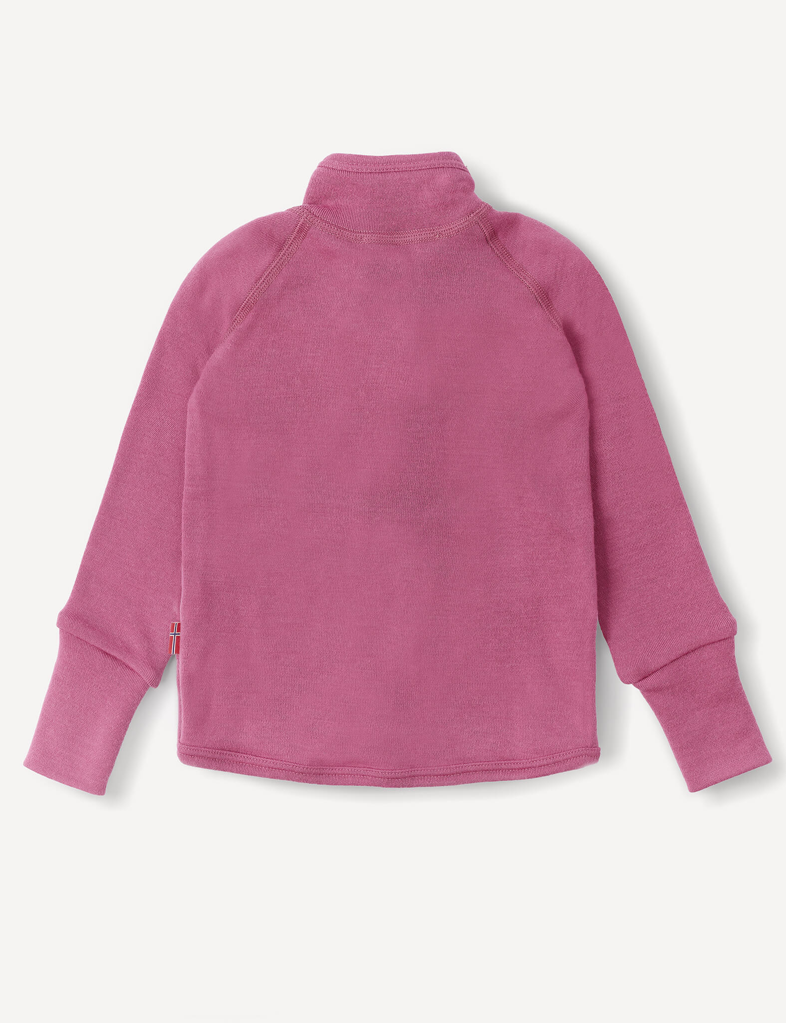 A long-sleeve, pink Merino Baby AirWool fleece pullover with a mock neck and raglan sleeves, featuring breathable insulation, is shown lying flat with the back side facing up.