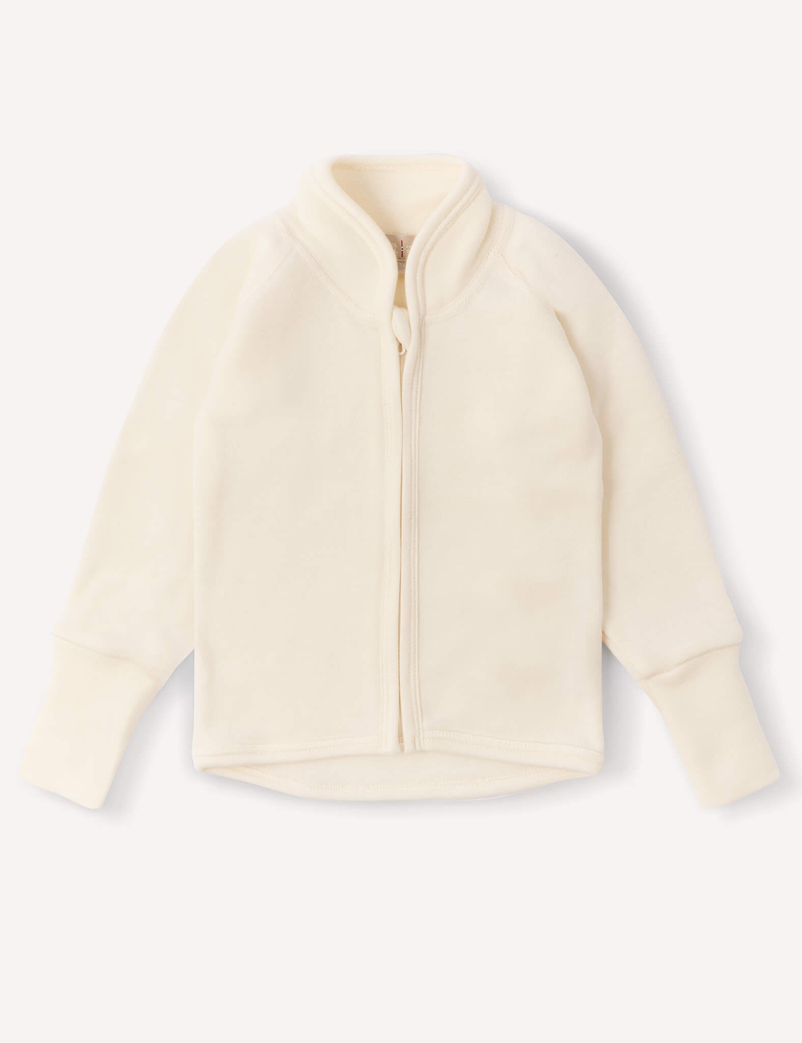 A Marshmallow-colored Jacket – Merino Baby AirWool for children, featuring breathable insulation, a front zipper, high collar, and long sleeves, is laid flat on a white background.