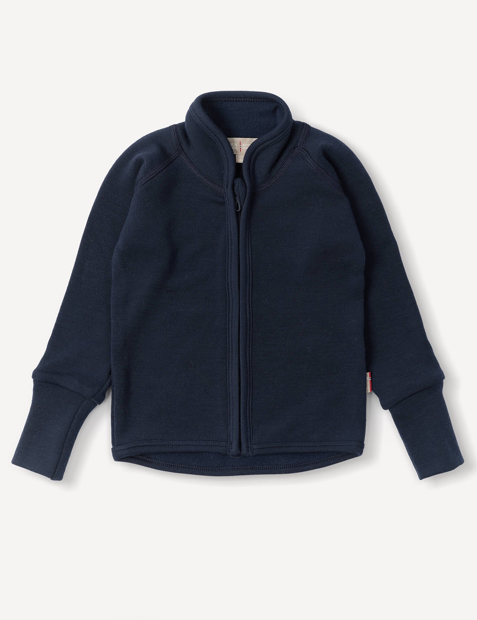 Navy Jacket – Merino Baby AirWool with long sleeves and a stand-up collar, featuring breathable insulation, laid flat on a white background.