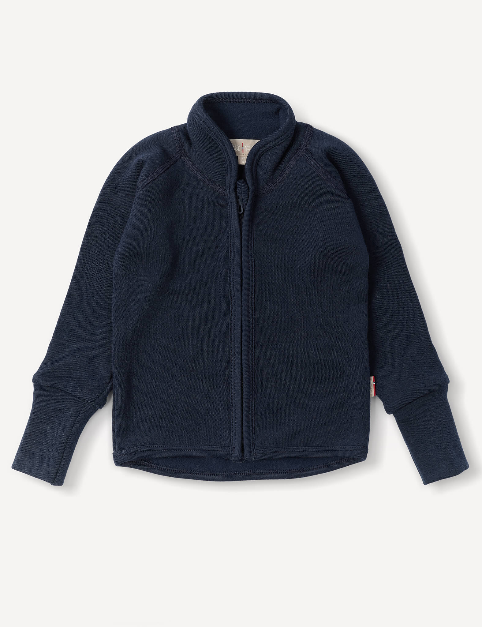 Navy Jacket – Merino Baby AirWool with long sleeves and a stand-up collar, featuring breathable insulation, laid flat on a white background.