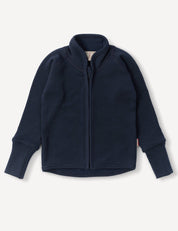 Navy Jacket – Merino Baby AirWool with long sleeves and a stand-up collar, featuring breathable insulation, laid flat on a white background.