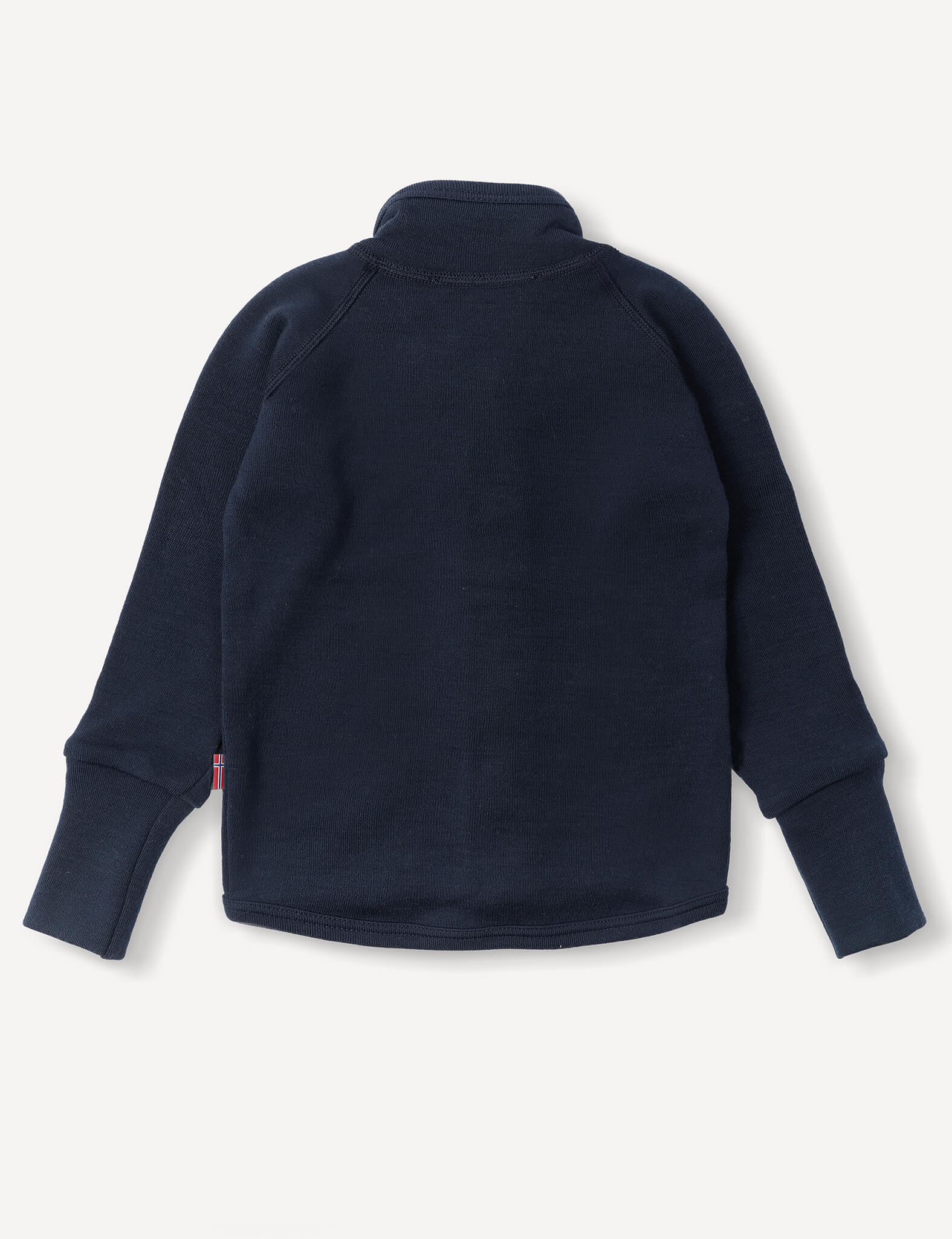 A Merino Baby AirWool Jacket in dark navy blue is laid flat with the back facing up, displaying its high collar and ribbed cuffs. This long-sleeve fleece zip jacket provides breathable insulation for enhanced comfort.