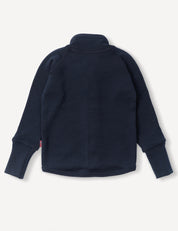 A Merino Baby AirWool Jacket in dark navy blue is laid flat with the back facing up, displaying its high collar and ribbed cuffs. This long-sleeve fleece zip jacket provides breathable insulation for enhanced comfort.
