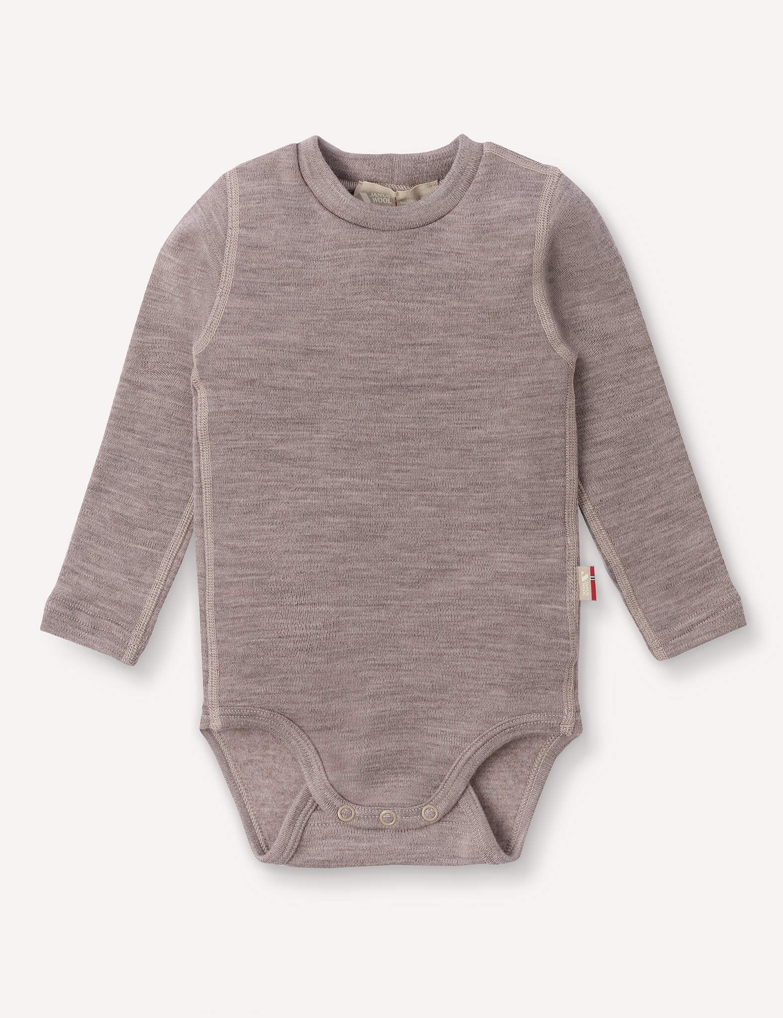 A long-sleeved, beige melange Body – Merino Baby AirWool bodysuit with a crew neck and snap buttons at the crotch, laid flat on a plain background, providing breathable insulation for your baby’s comfort.
