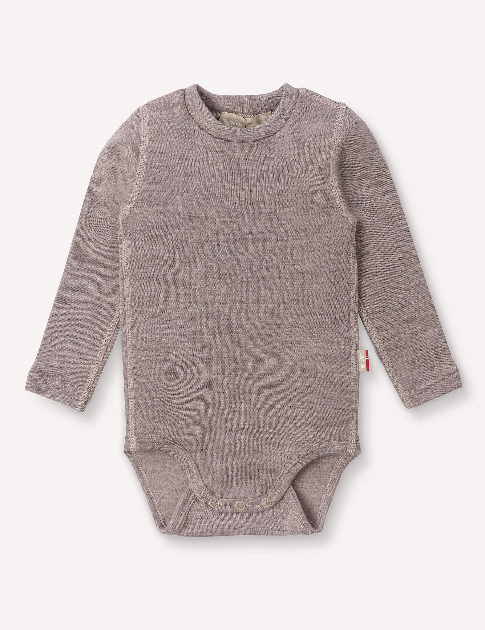 A long-sleeved, beige melange Body – Merino Baby AirWool bodysuit with a crew neck and snap buttons at the crotch, laid flat on a plain background, providing breathable insulation for your baby’s comfort.