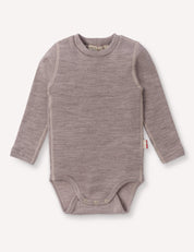 A long-sleeved, beige melange Body – Merino Baby AirWool bodysuit with a crew neck and snap buttons at the crotch, laid flat on a plain background, providing breathable insulation for your baby’s comfort.