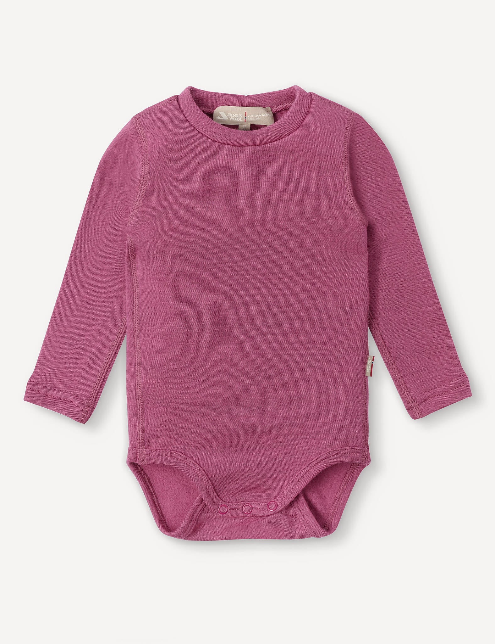 Long-sleeved baby bodysuit in the solid Hawthorn Rose color, crafted as a soft Body – Merino Baby AirWool with breathable insulation. It features snaps at the crotch and a round neckline, and is laid flat on a white background.